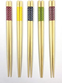 JapanBargain, Bamboo Chopsticks Reusable Japanese Chinese Korean Wood Chop Sticks Hair Sticks 5 Pair Gift Set Dishwasher Safe, 9 inch 1, Ivory-Dot