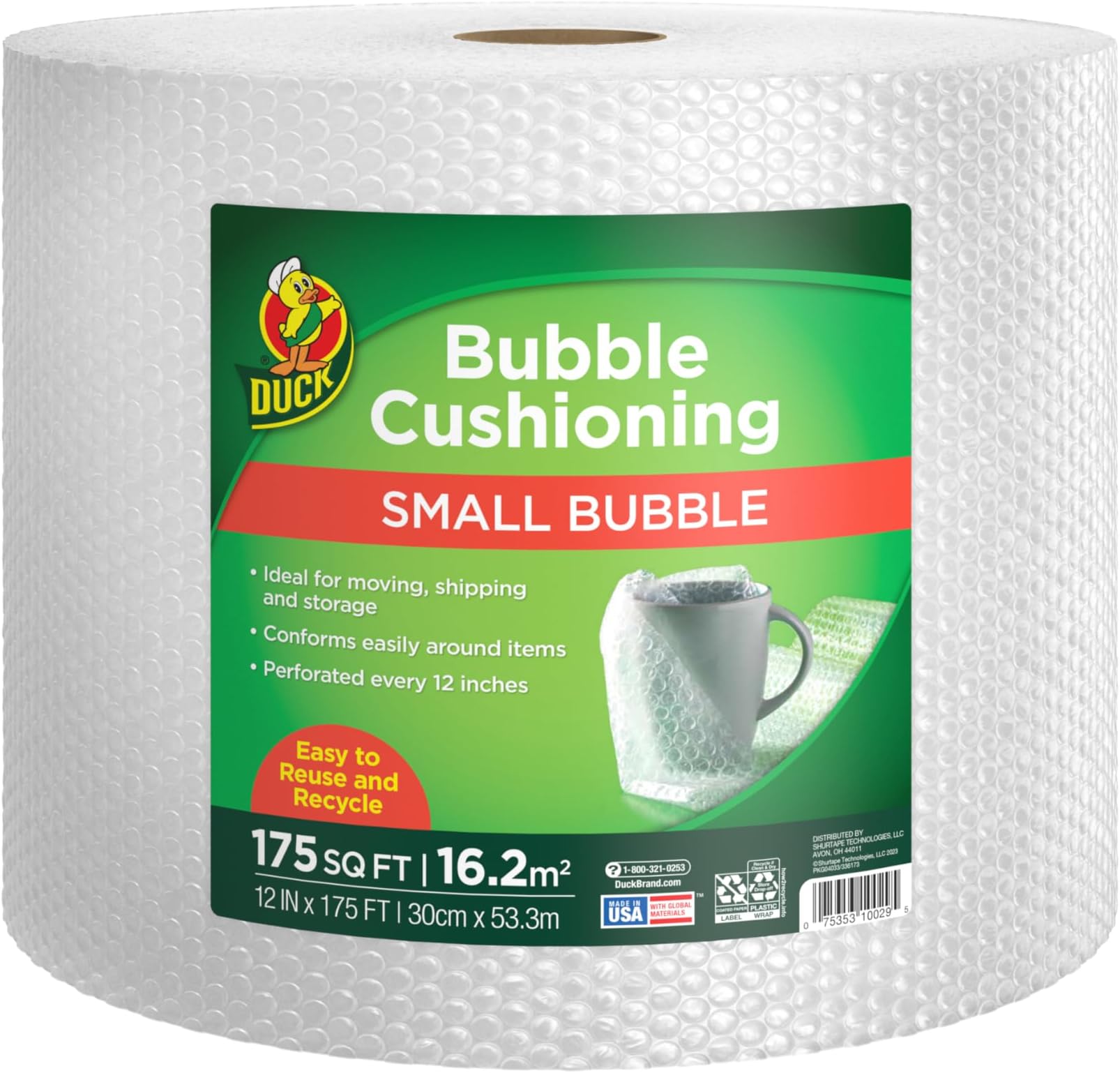 Duck Brand Bubble Wrap Roll, 12" x 175', Original Bubble Cushioning for Packing, Shipping, Mailing and Moving, Perforated Every 12" (286891)