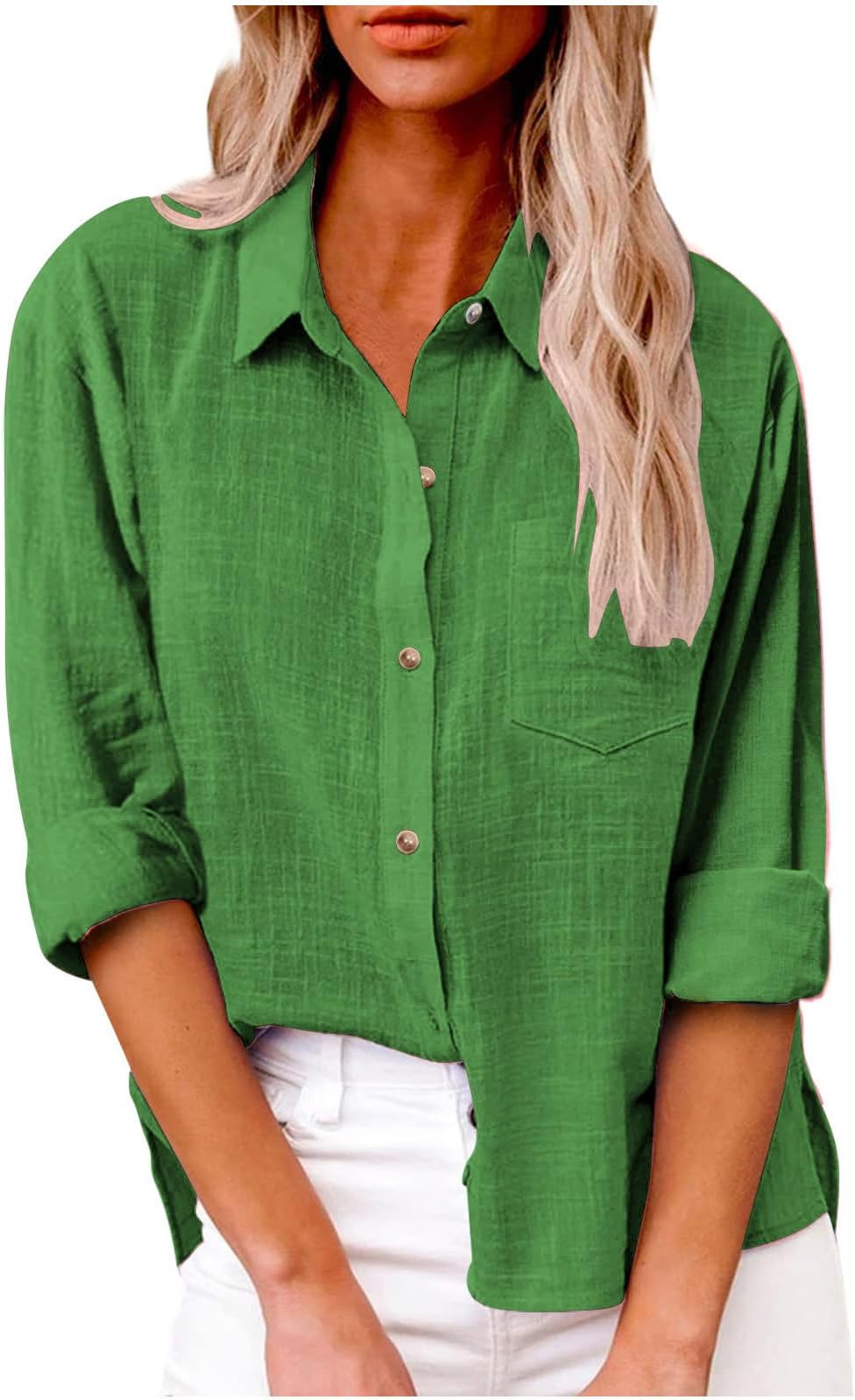 AMhomelyWomens Blouse Shirt Long Sleeve Cotton Linen Tops Business Office Casual Tunic Tops Button Down Shirts Oversized Plain Tops Blouse for Work Loose Fit Dressy Tops Plus Size Tee Shirts