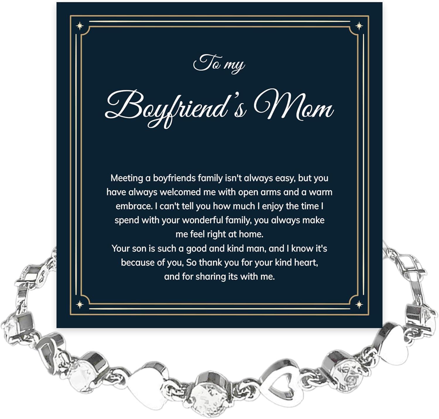 To My Boyfriend's Mom Crystal Heart Bracelet Gift, Beautiful Boyfriend's Mom Jewelry For Women on Birthday, Christmas or Mother's Day Meaningful With Heartfelt Message & Elegant Box
