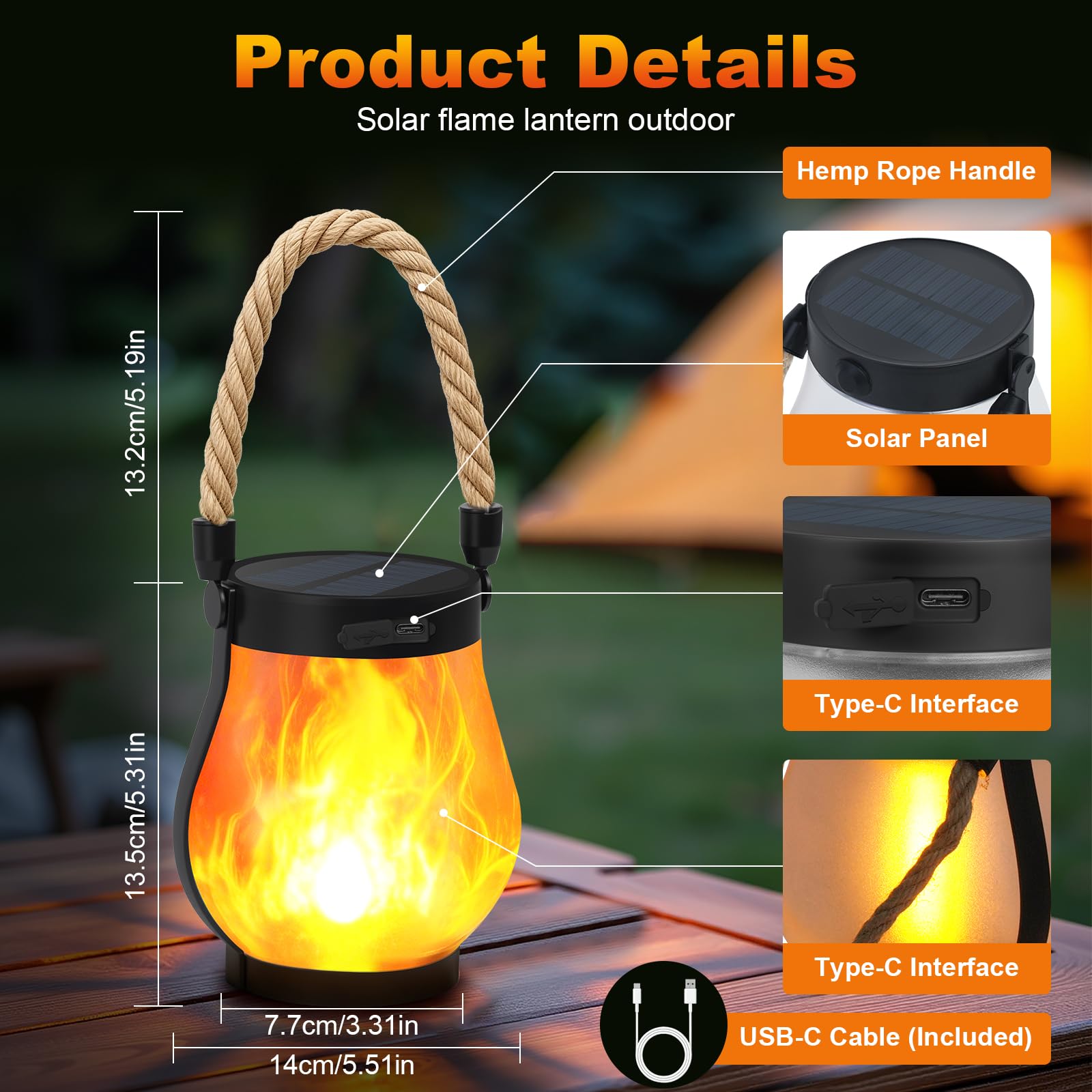 Faroles solares para exteriores, paquete de 2 con luces de llama ultra reales, carga dual (USB/solar), 2 modos y diseño impermeable al aire libre, luces decorativas para colgar/mesa para patio