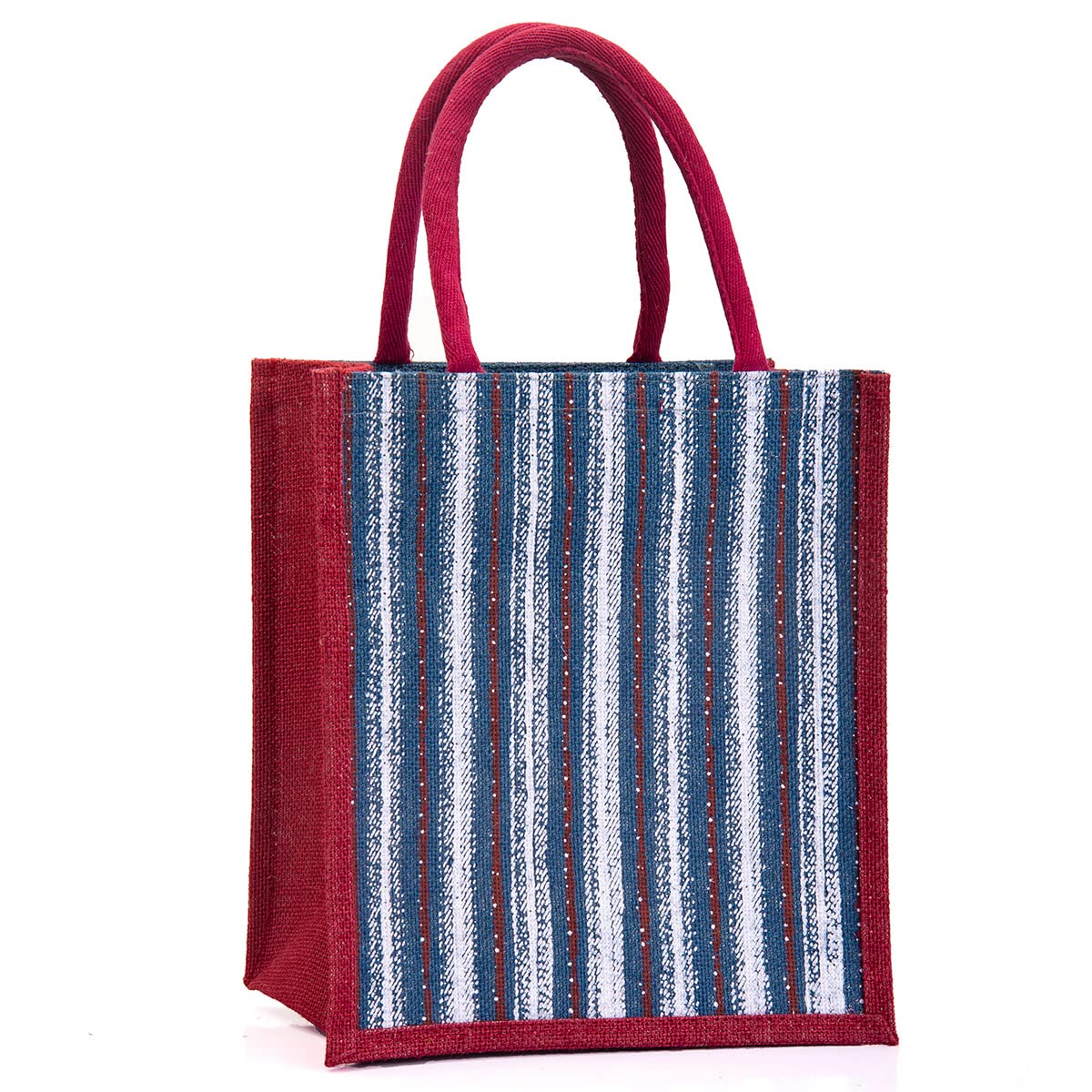 H&BH&B Jute Lunch Bag - Designer Tote for Office, Printed Zip Bag with Bottle Holder - Denim Strip (Navy Blue)