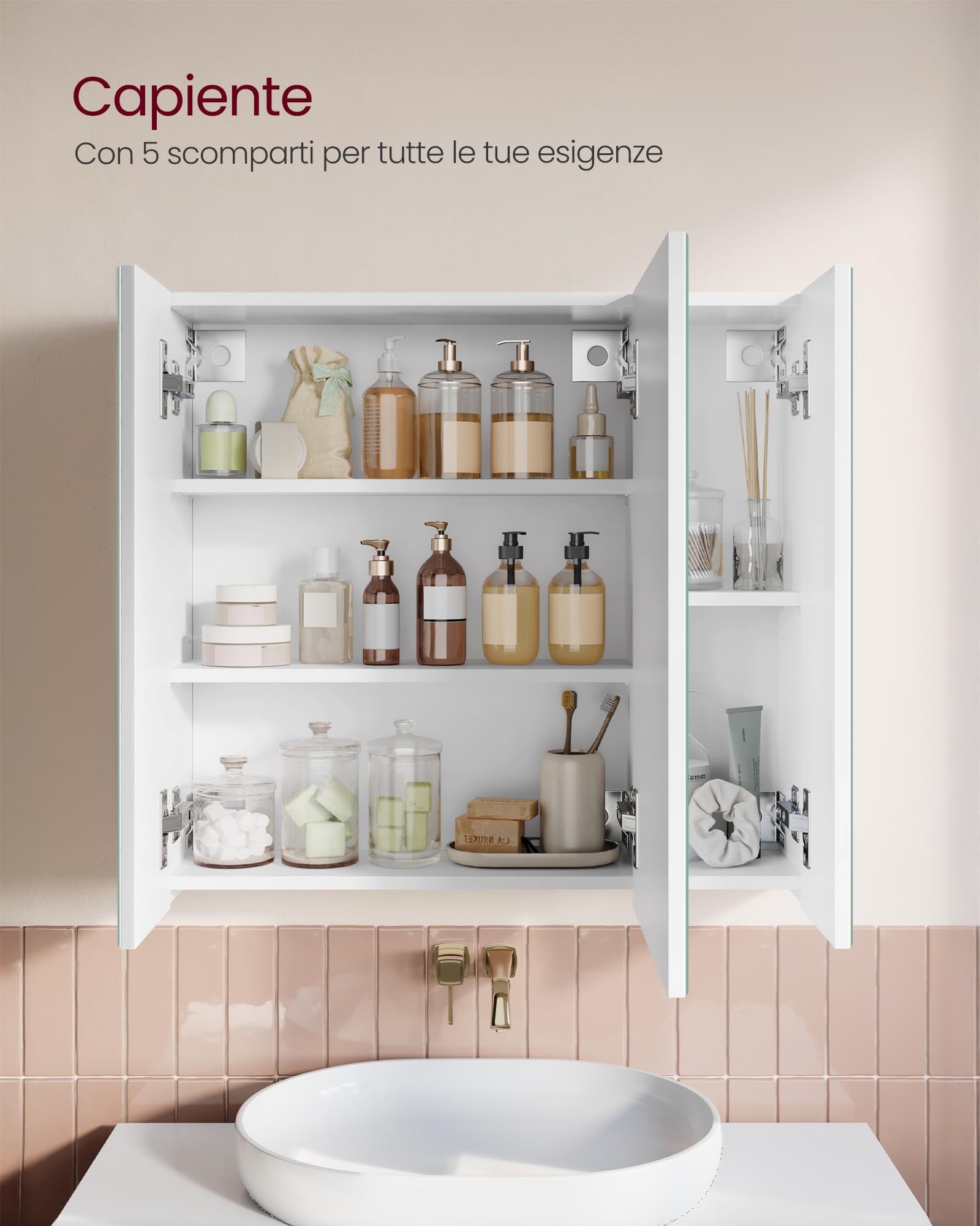 VASAGLE Collezione KAILYN - Mobiletto Pensile da Bagno con Specchio, Stile Moderno, 15 x 60 x 55 cm, Bianco BBK22WT
