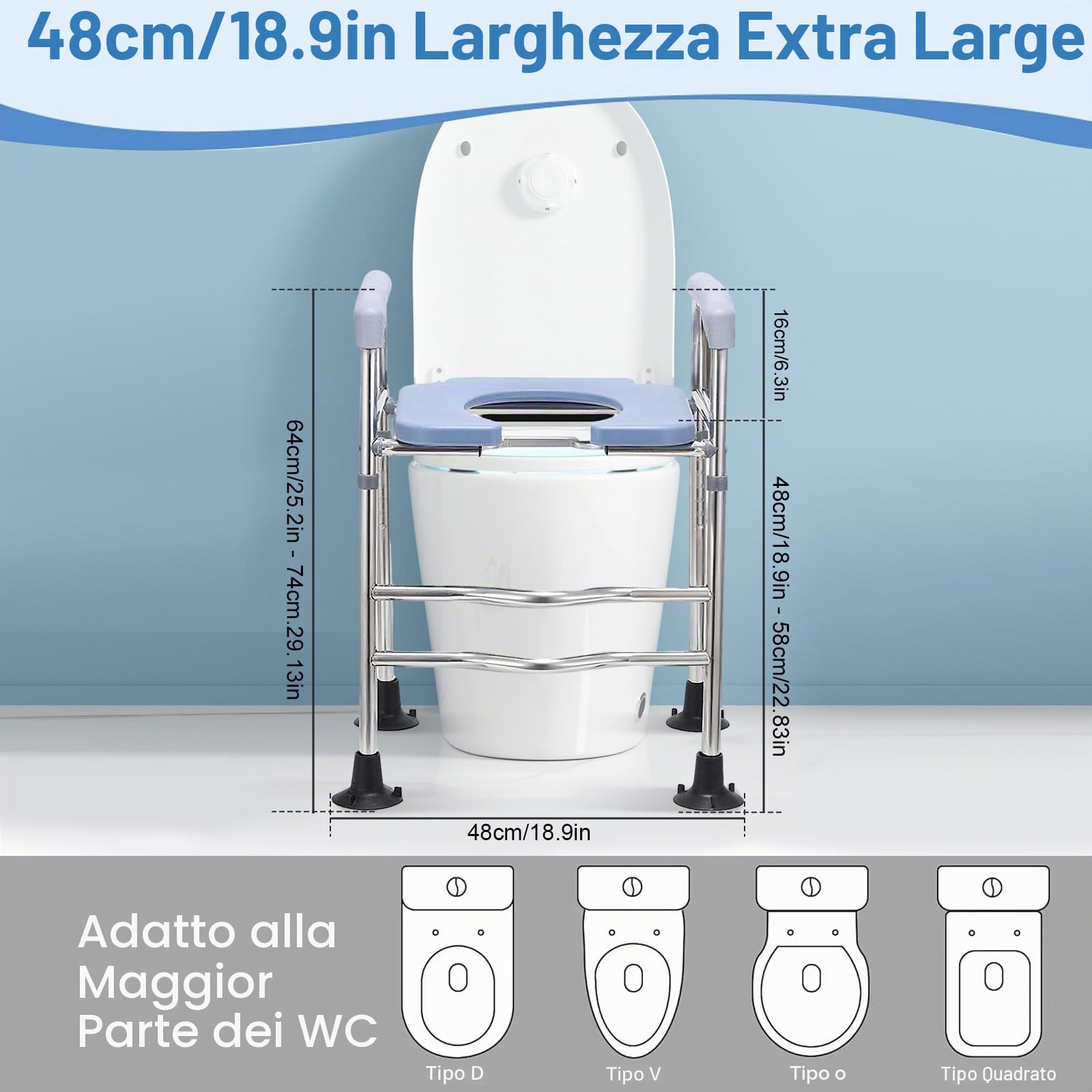 Rialzo per WC con braccioli per anziani, sedile WC rialzato con altezza e larghezza regolabili, rialzo del sedile del WC, per anziani disabili e donne incinte