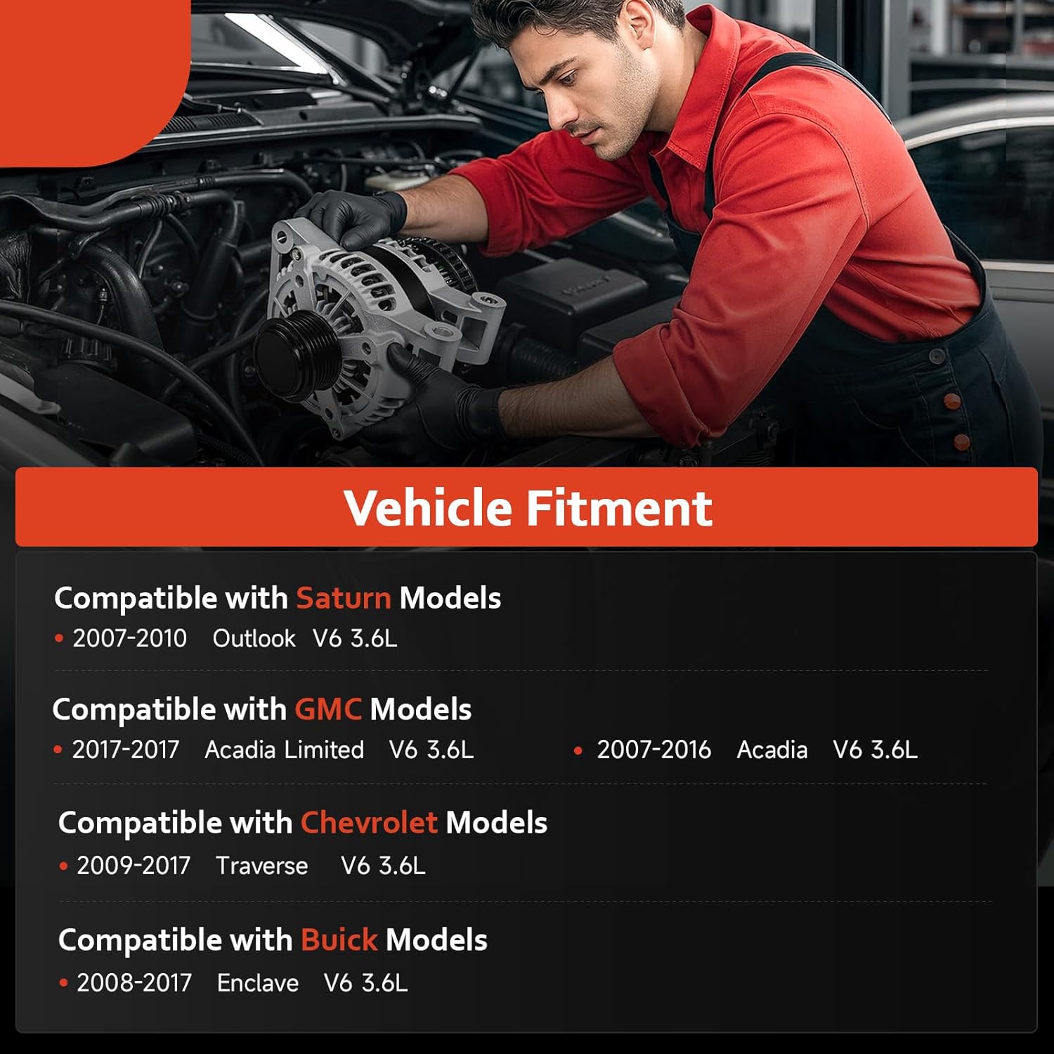 New Alternator Replacement for 170 AMP V6 3.6L 2009-2017 Chevrolet Traverse,2007-2016 GMC Acadia,2017 GMC Acadia Limited,2007-2010 Saturn Outlook, 2008-2017 Buick Enclave,11252N,23105717 25815839