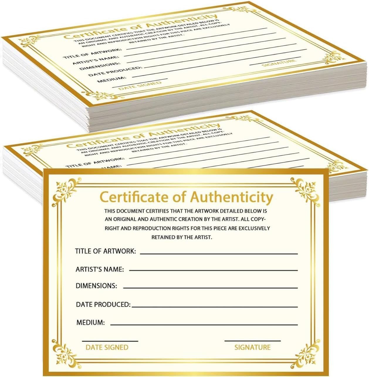 12 Pieces Certificate of Authenticity Certificates 5 * 7inch Gold Foil Certificates for Valuations and Artwork Gifts for Artists Handicraft Worker with 1.5inch Sticker (12 PCS)
