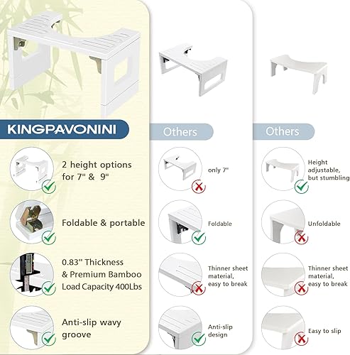 Miniatura 10 de Taburete de inodoro de bambú de 7 pulgadas y 9 pulgadas de altura ajustable, taburete plegable para baño, adultos y niños, taburete para orinal con