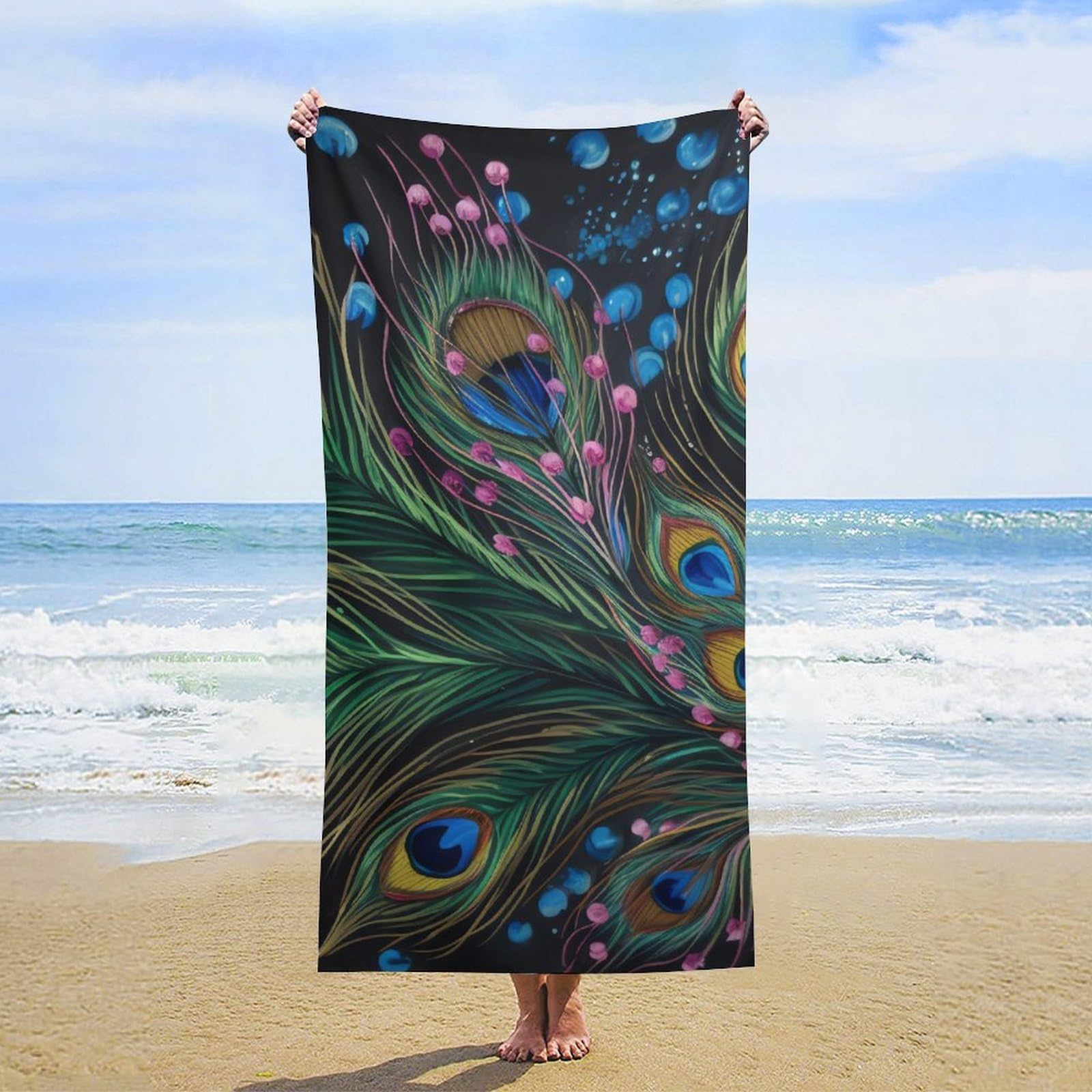 NTVOWPZO Peacock Feather Beach Towel Oversized Microfiber Bath Towels Lightweight Sand Proof Beach Towels Absorbent Pool Towels for Swimming Yoga Bathroom Towel 31.5" X 63"