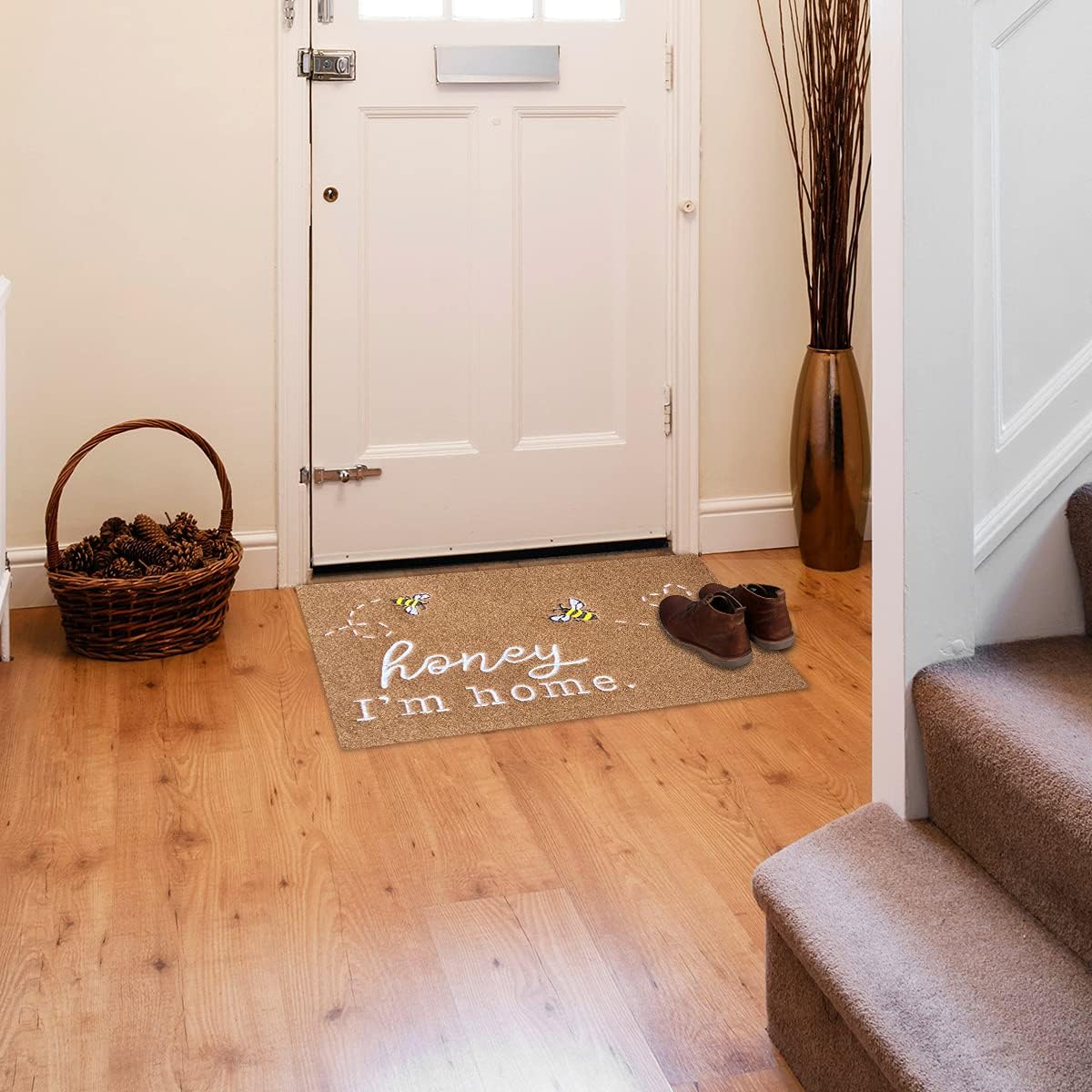 Large Front Door Mat Outdoor Entrance Front Door Mats Indoor Entrance Welcome Mat Honey I'm Home Bee Rugs with Non Slip Durable Rubber Backing Kitchen Washable Rugs Brown Mat