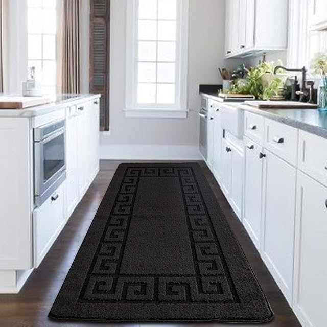 PHP Hallway Runner - Waterproof Non Slip Gel Backing Washable Carpet Runner 80 X 150 cm, Black Long Door Mats, Kitchen Rugs