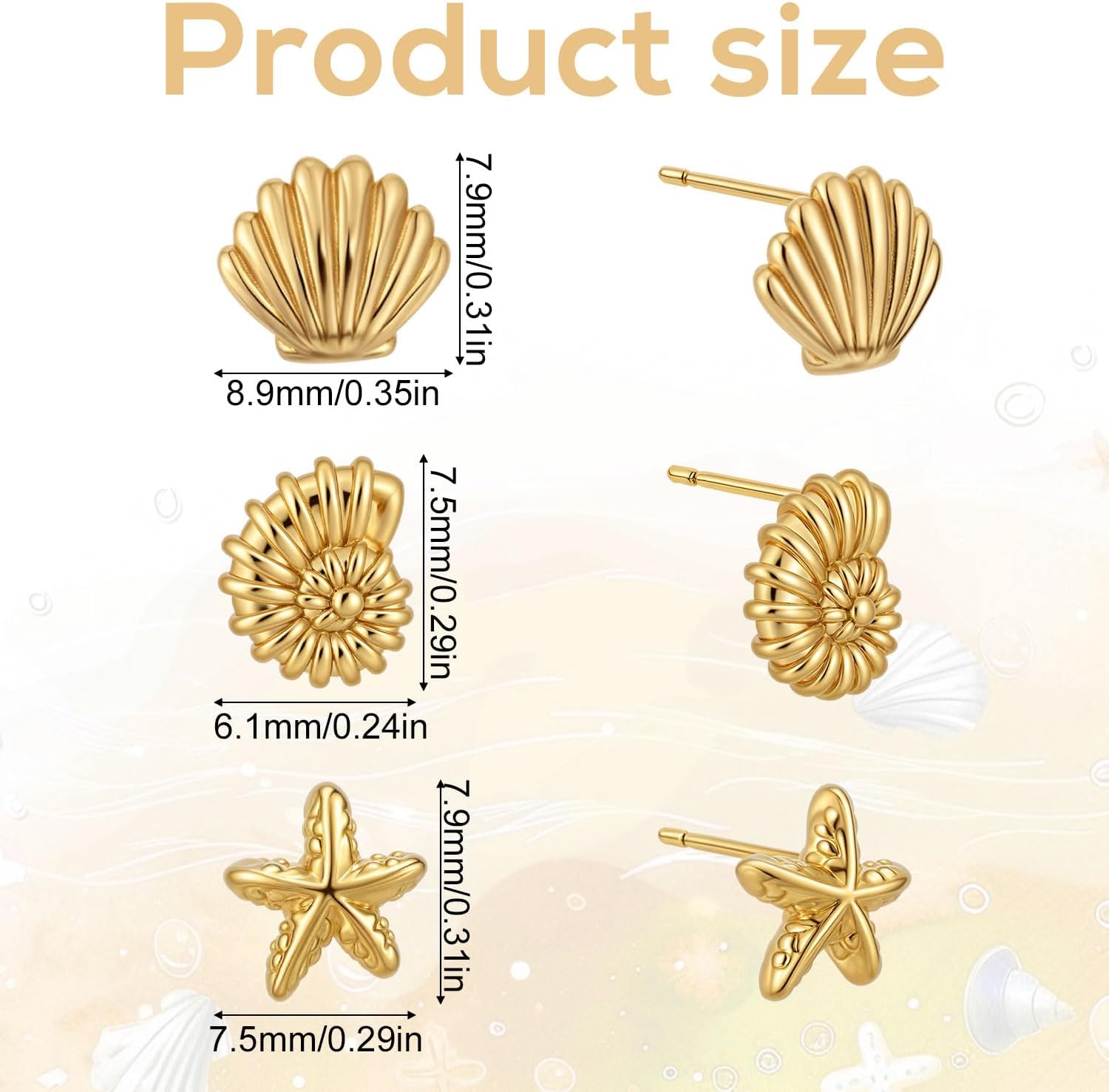 3 Pairs Seashell Stud Earrings Set for Women, Mini Gold Starfish Sea Shell and Conch Earrings Gift Dainty Ocean Beach Themed Statement Jewelry for Summer Vacation Daily Wear - Image 2