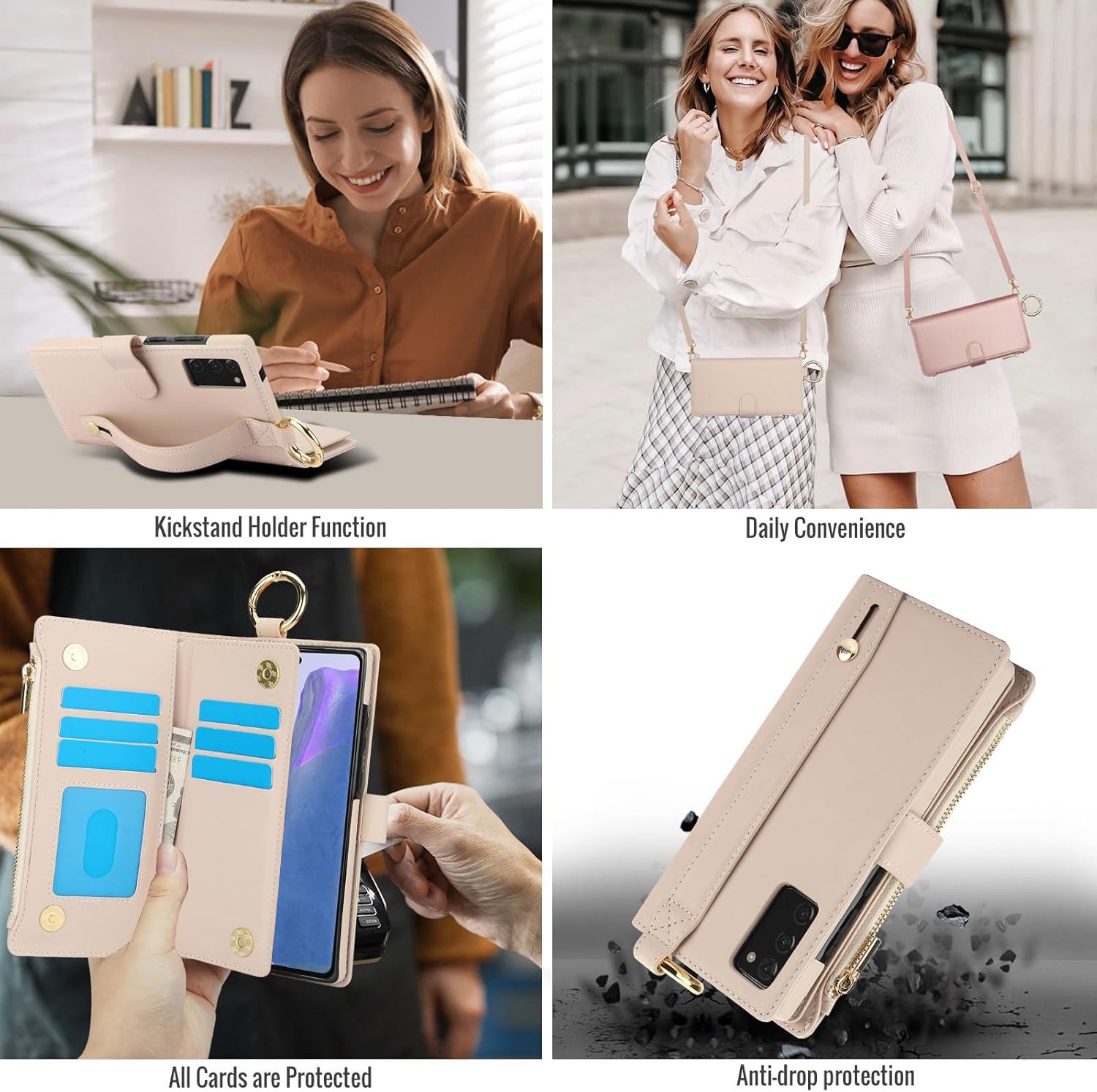 Asuwish Phone Case for Samsung Galaxy Note 20 5G Zipper Wallet with Tempered Glass Screen Protector Crossbody Strap Card Holder Flip Cell Cover Note20 Notes 20s Twenty Not S20 Women Girls Apricot