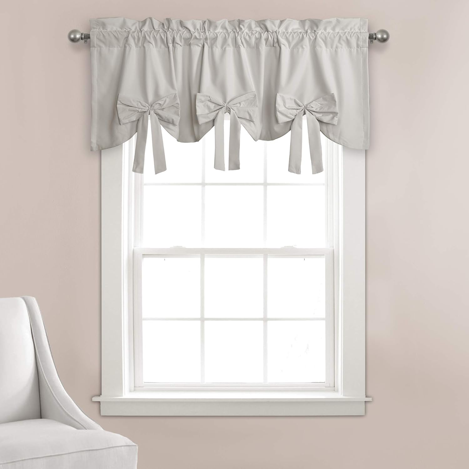 Lush Decor Melody Bow Valance Curtain 52" W x 18" L +3" Light Gray - Bow Curtains - Kitchen Valances for Windows - Coquette Valance Curtains for Bathroom