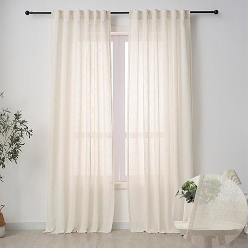 Neutral Sheer Linen Curtains 96 Inches Long, Flax Semi Sheers 2 Panels Set, Cream Beige Farmhouse Drapes for Living Room, Sliding Glass Door Curtain, Back Tab & Rod Pocket