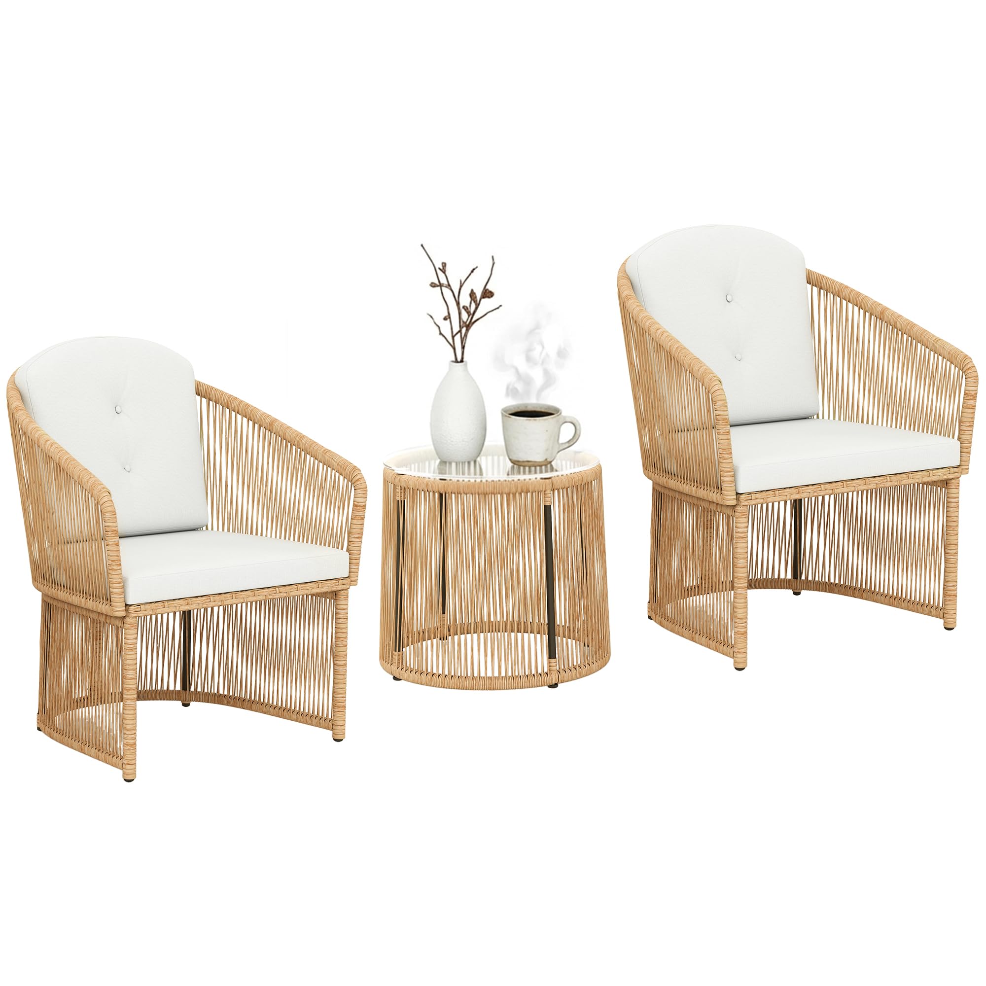 Outsunny Salon de Jardin en Résine Tressée pour 2 Personnes Table Crème | Mobilier d'Extérieur, 2 Chaises, Plateau en Verre, Coussins Inclus, Idéal Balcon, Terrasse, Patio