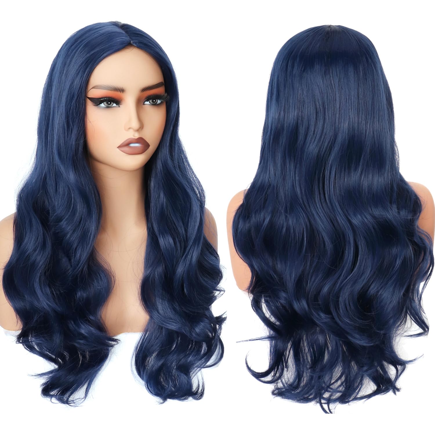 PORSMEER Wig Long Curly Wavy Wigs for Women Ladies with Middle Part Cosplay Fancy Dress Wig Synthetic Heat Resistant Hair Wigs Long Replacement Hair (Dark blue)