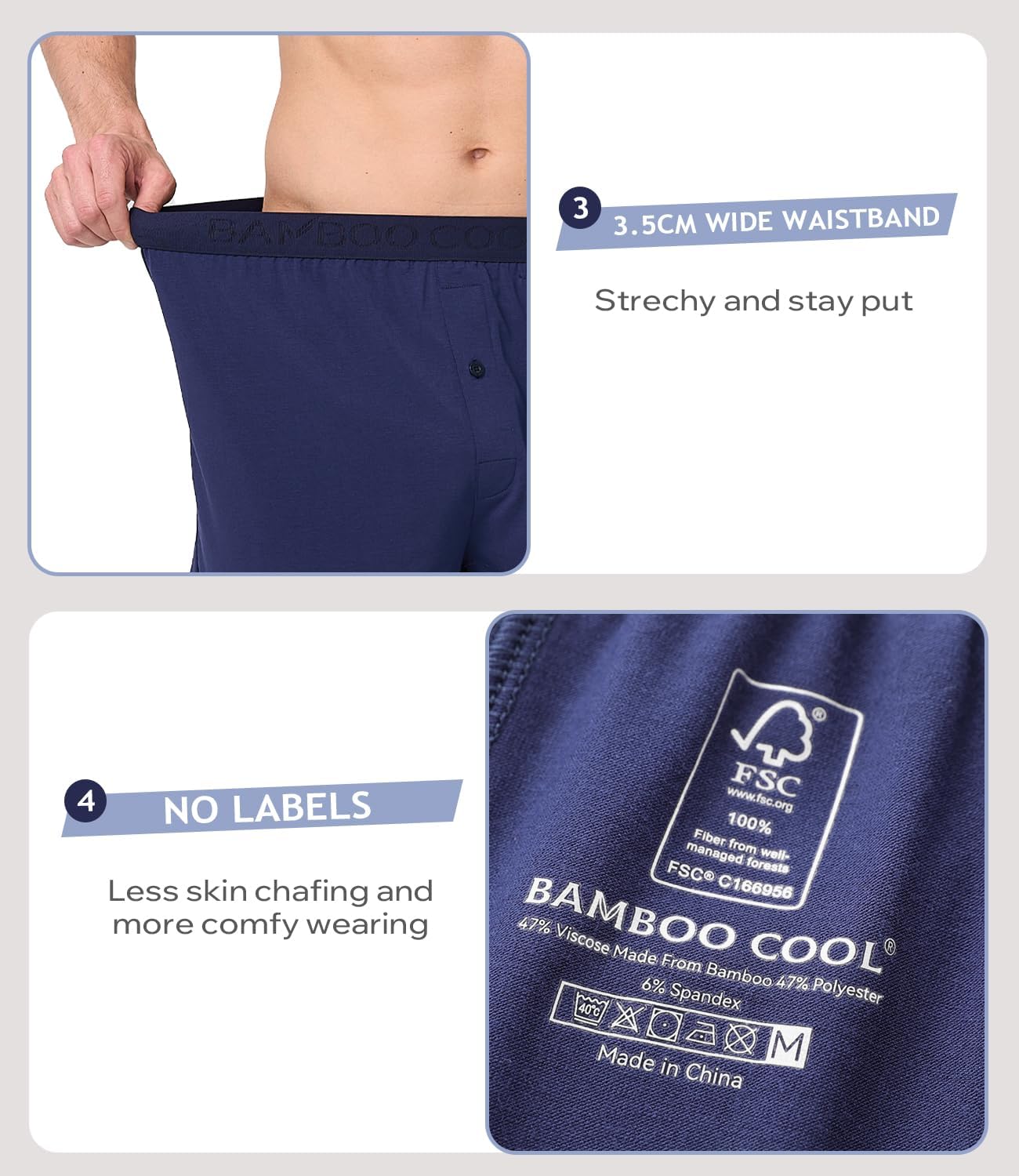 BAMBOO COOL Mens Underwear Boxers Moisture-wicking and Cool Men's Boxer Shorts Loose Fit Super Soft 4 Pack - Image 3