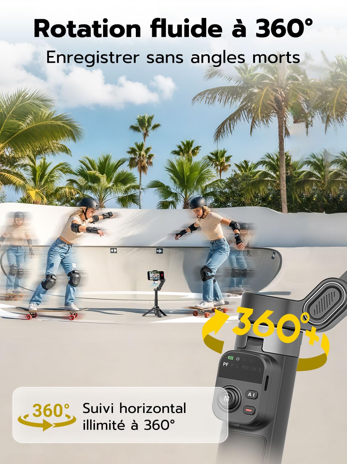 AOCHUAN Stabilisateur de cardan pour iPhone, Module de Suivi IA et éclairage d'appoint, stabilisation 3 Axes avec télécommande magnétique, Fixation trépied en Un clic, rallonge intégrée, Smart X3 AI