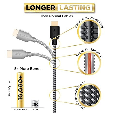 PowerBear 4K HDMI Cable 3 ft, Short Hdmi Cable, Braided Nylon & Gold
