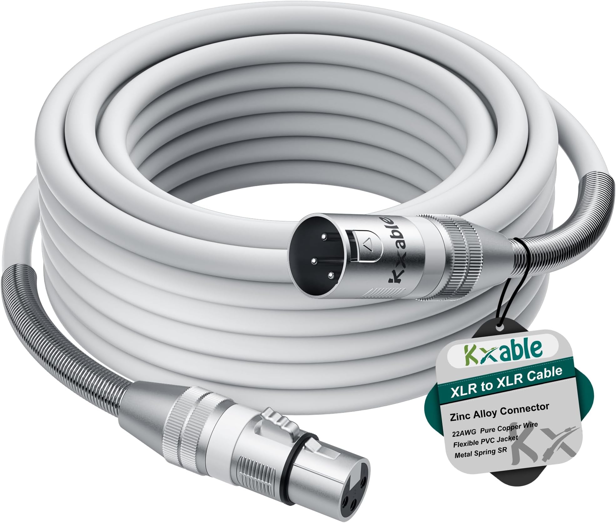 Kxable XLR to XLR Cable 10 Feet, Premium XLR Microphone Cable, Heavy Duty 22AWG OFC XLR Male to Female Cord, 3-Pin Shielded Mic Speaker Cable, Zinc Alloy Connectors, Metal Spring SR, White