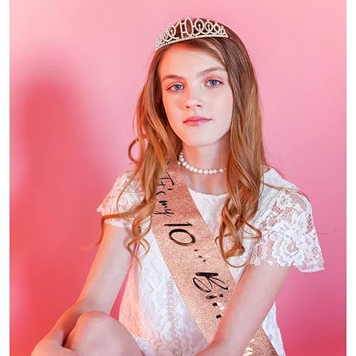 Miniatura 5 de CIEHER Juego de corona, banda + perla, 10 cumpleaños, decoraciones y regalos para fiestas de cumpleaños de niñas de 10 años