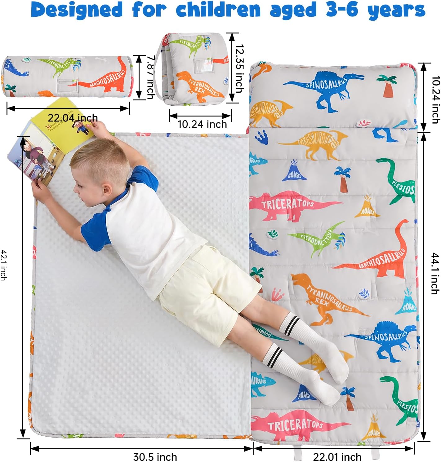 Anibedding Nap Mats with Pillow and Blanket, Grey Jurassic Dinosaur Themed Slumber Bags for Kids Daycare Preschool Travel Camping(Backpack and Hand-Carry Style)