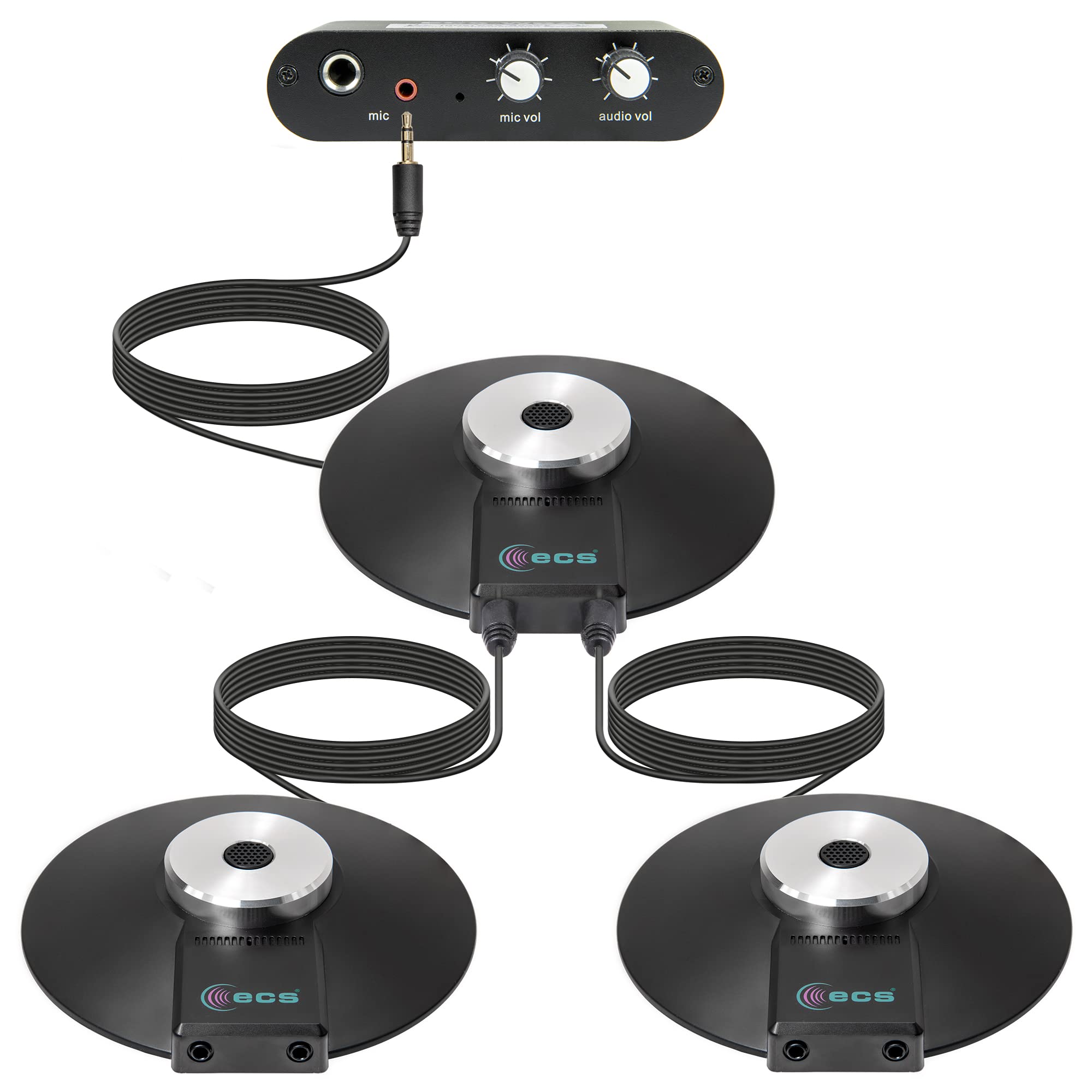 Includes 1 WordBooster mic amplifier and 3 WordForum 3.5 mm TRS stereo conference mic with 8 ft cord in zippered carrying case