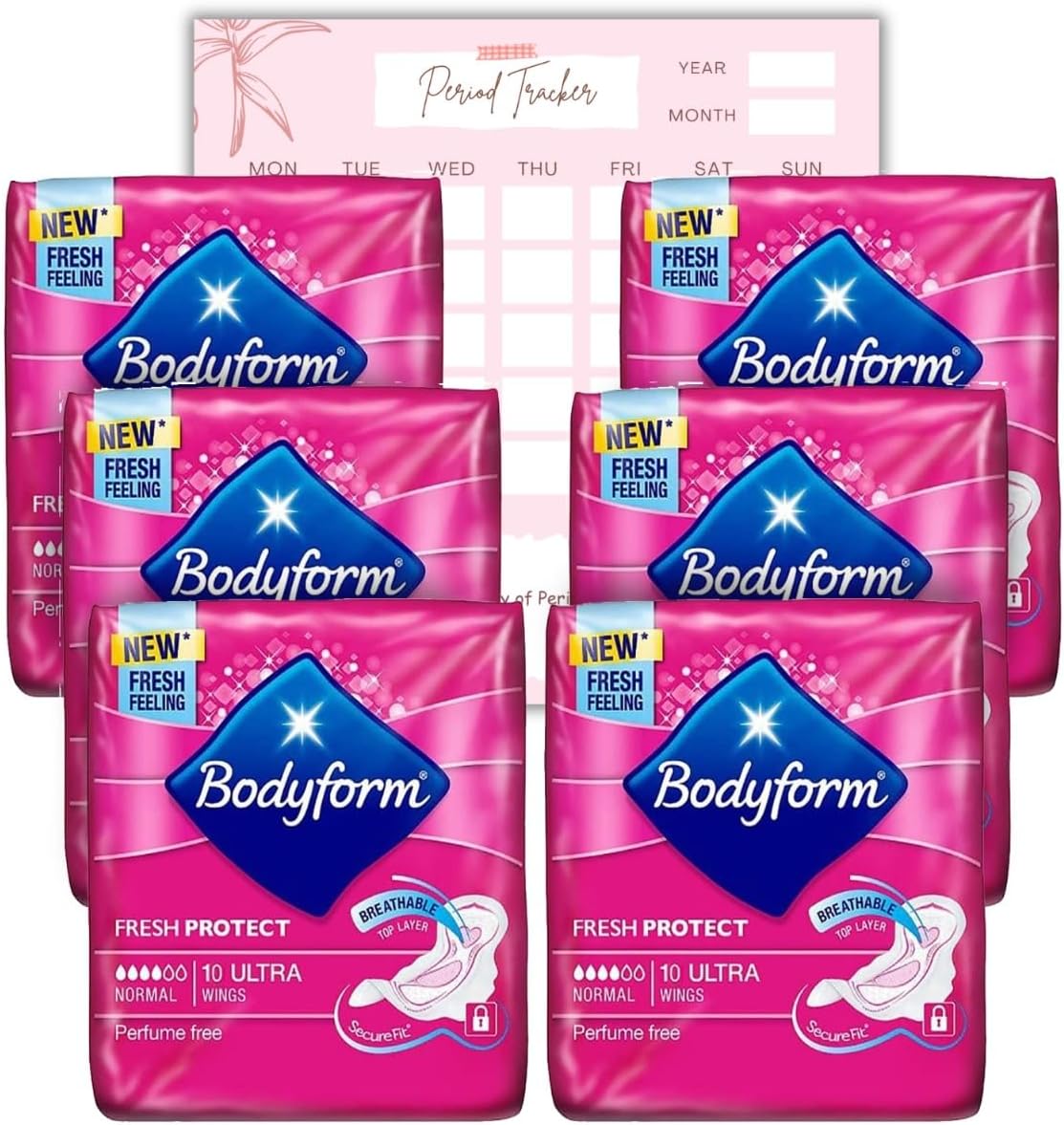 Caliko Bodyform 10 Ultra Sanitary Towels with Wings Pack of 6, 60 (10 x6 Packs) Perfume Free Period Pads, Normal Flow Cour-V Ultra