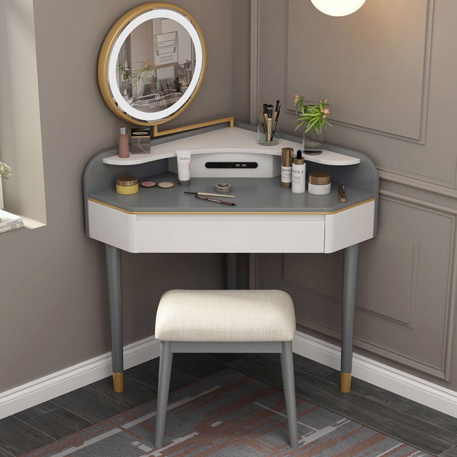 asdchZen Led Makeup Vanity Table With Mirror & Drawers, Corner Dressing Table With Charging Station & Stool-Stylish & Functional 0.6M Makeup Desk For Home Use,0.6M