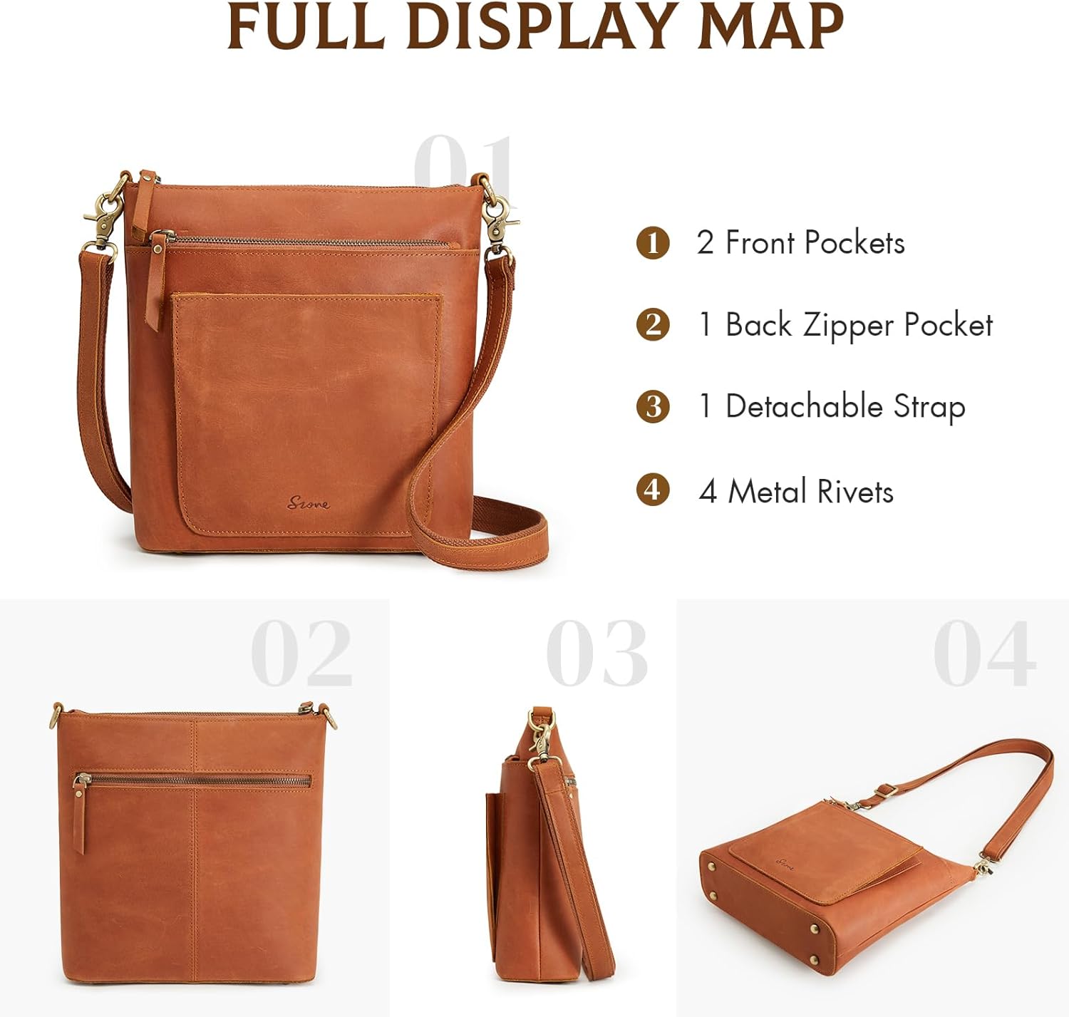 S-ZONE Leather Crossbody Bag for Women Vintage Cross Body Bags Shoulder Purse Ladies Medium Handbag with Multi Pockets - Image 7