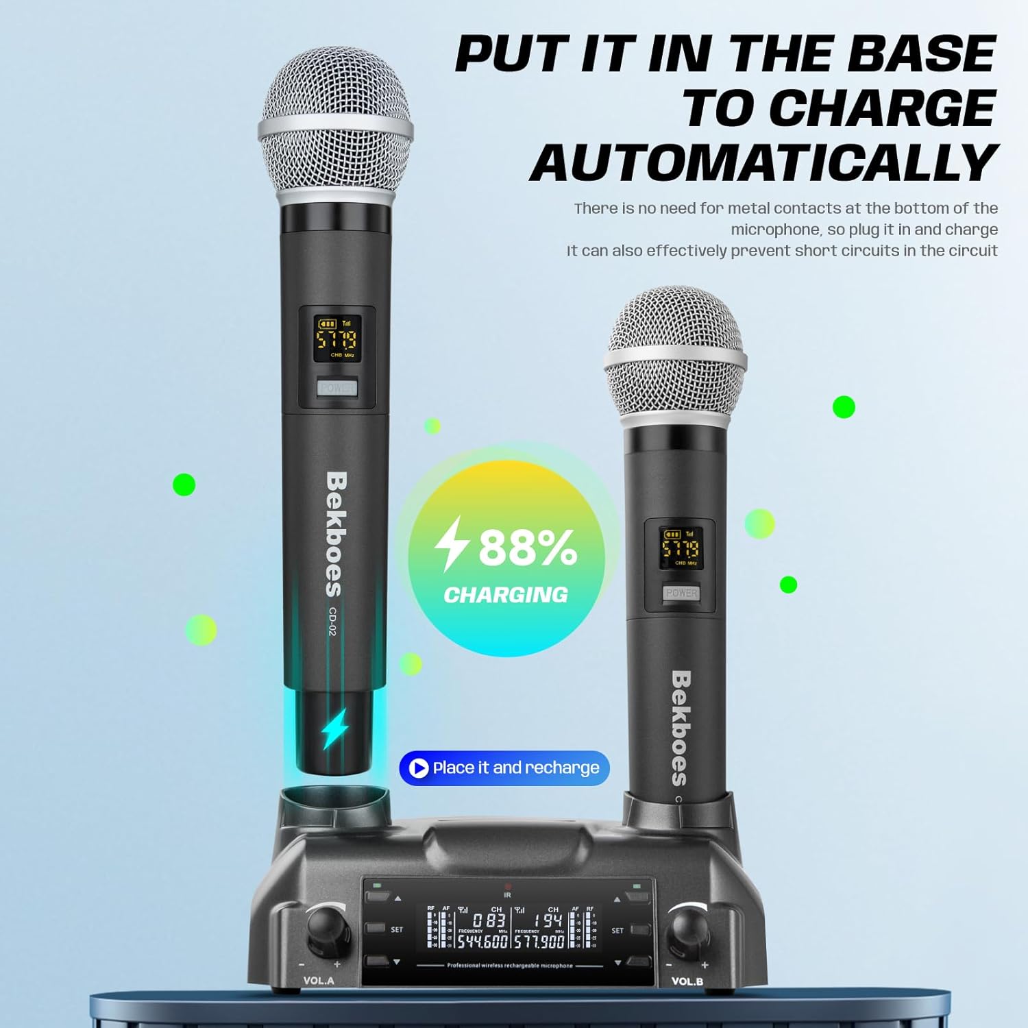 Professional Dual Dynamic Handheld UHF Wireless Microphone System, Magnetic Inductive Wireless Charging, 165ft Range for Home Karaoke/Meeting/Party/Church/Wedding - Image 2