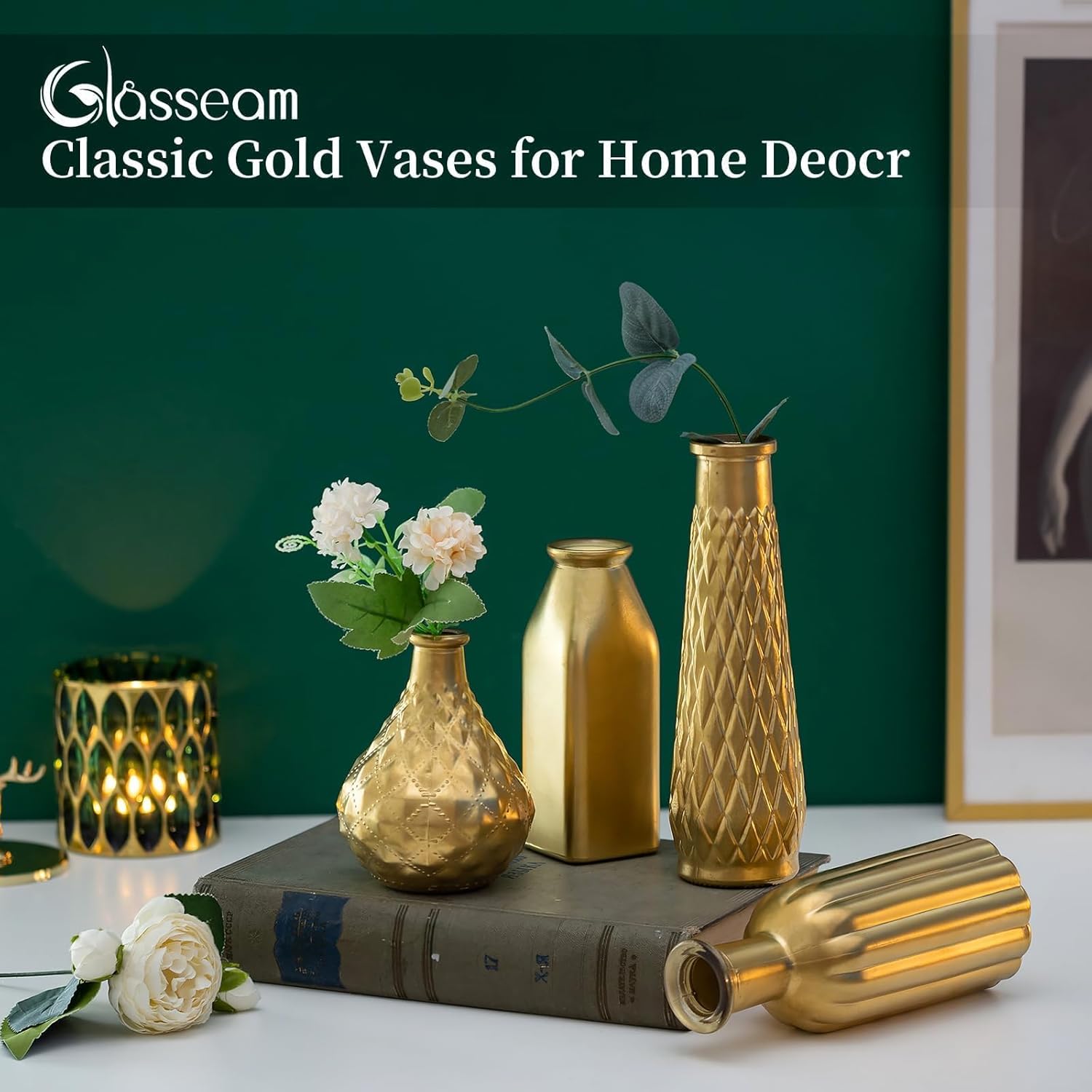 Glasseam Gold Vase for Flowers: Small Glass Vases for Living Room Kitchen Table Centerpieces, 4 Aesthetic Decorative Golden Modern Home Decor for Floral,Gold