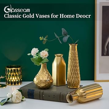 Glasseam Gold Vase for Flowers: Small Glass Vases for Living Room Kitchen Table Centerpieces, 4 Aesthetic Decorative Golden Modern Home Decor for Floral,Gold