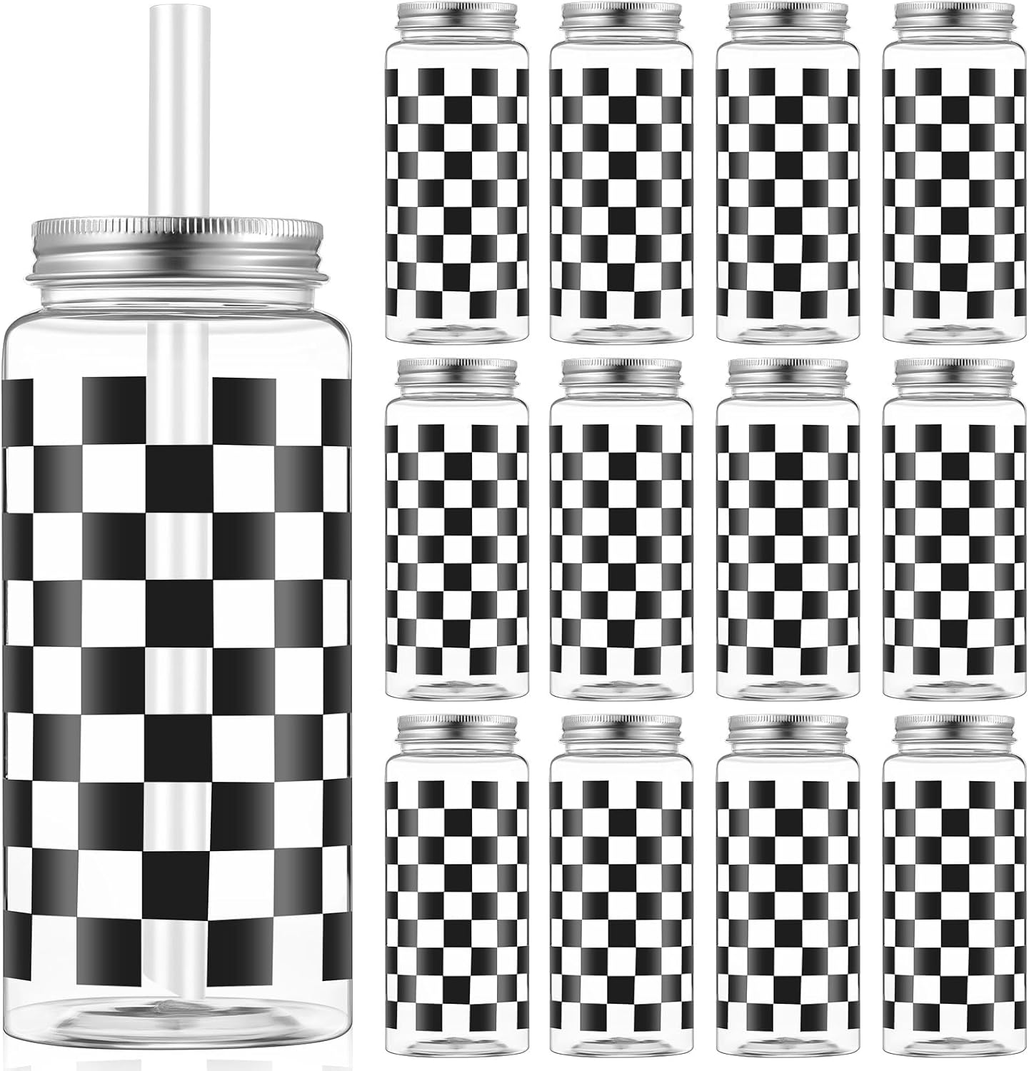 Patelai 12 Pack Race Car Cups 13.5 oz Plastic Tumbler with Lid and Straw Checkered Flag Party Supplies Clear Black Plaid Cups for Race Car Birthday Sports Themed Party Supplies
