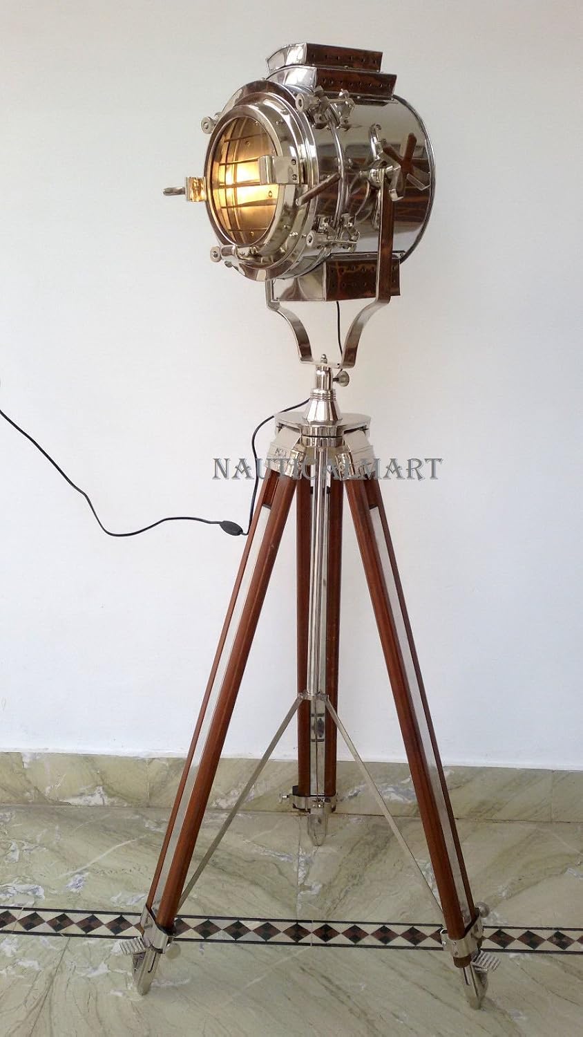 Hollywood Chrome Finish Wooden Tripod Floor Lamp Search Light for Living Room by Nauticalmart
