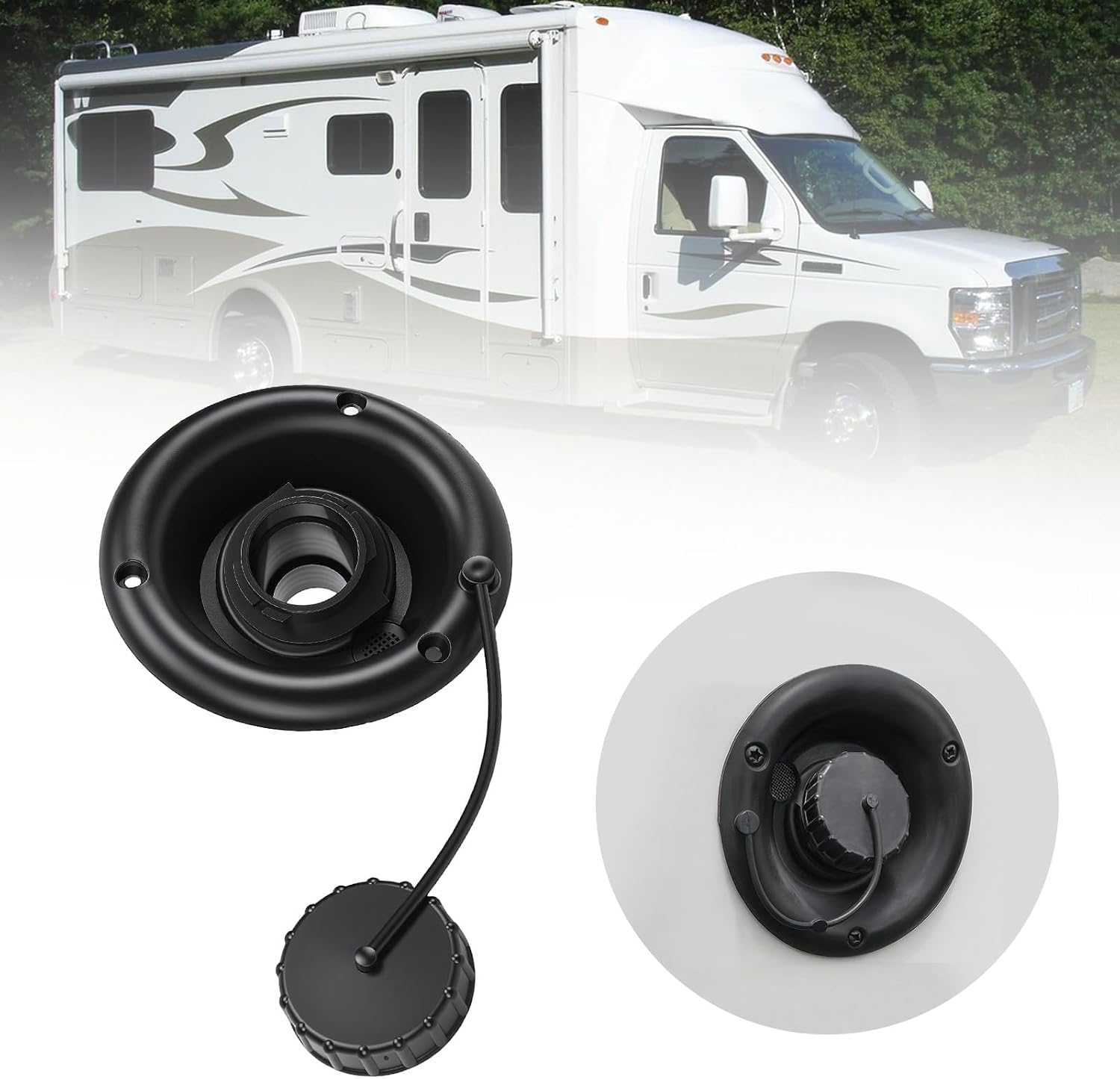 Haofy RV Gravity Fill Inlet Anti Overflow Anti Loss Strap Design Round Water Fill Hatch with Multi Stage Hose Connector for Easy RV Trailer Water Tank Refilling (Black)