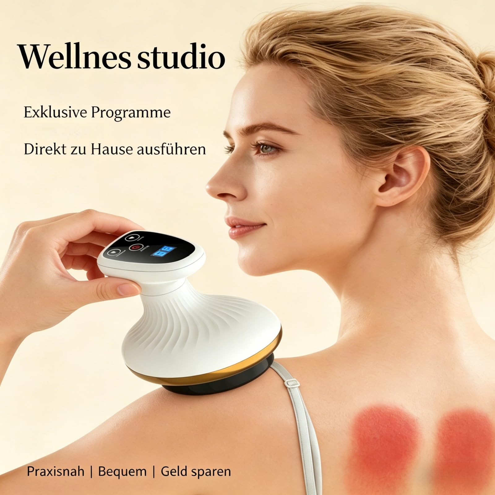 Vacuvia Cellulite Massager 4-in-1 Anti-Cellulite Device for Body Tightening, Lymphatic Drainage & Blood Circulation mit Wärmefunktion und Vakuummassage, kabellos und aufladbar (Gold)