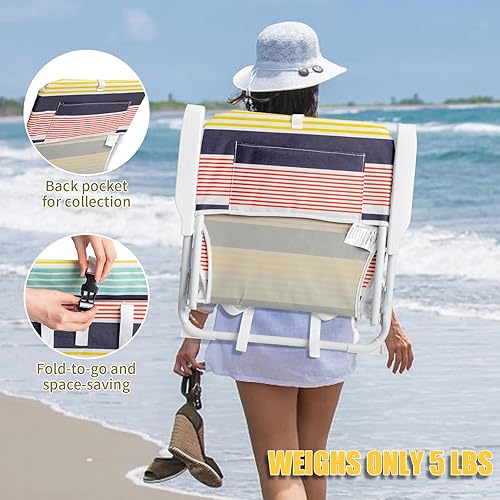 Miniatura 5 de Silla de playa plegable, mochila portátil plegable con reposabrazos de madera, silla de campamento ligera para exteriores, mochila con marco de