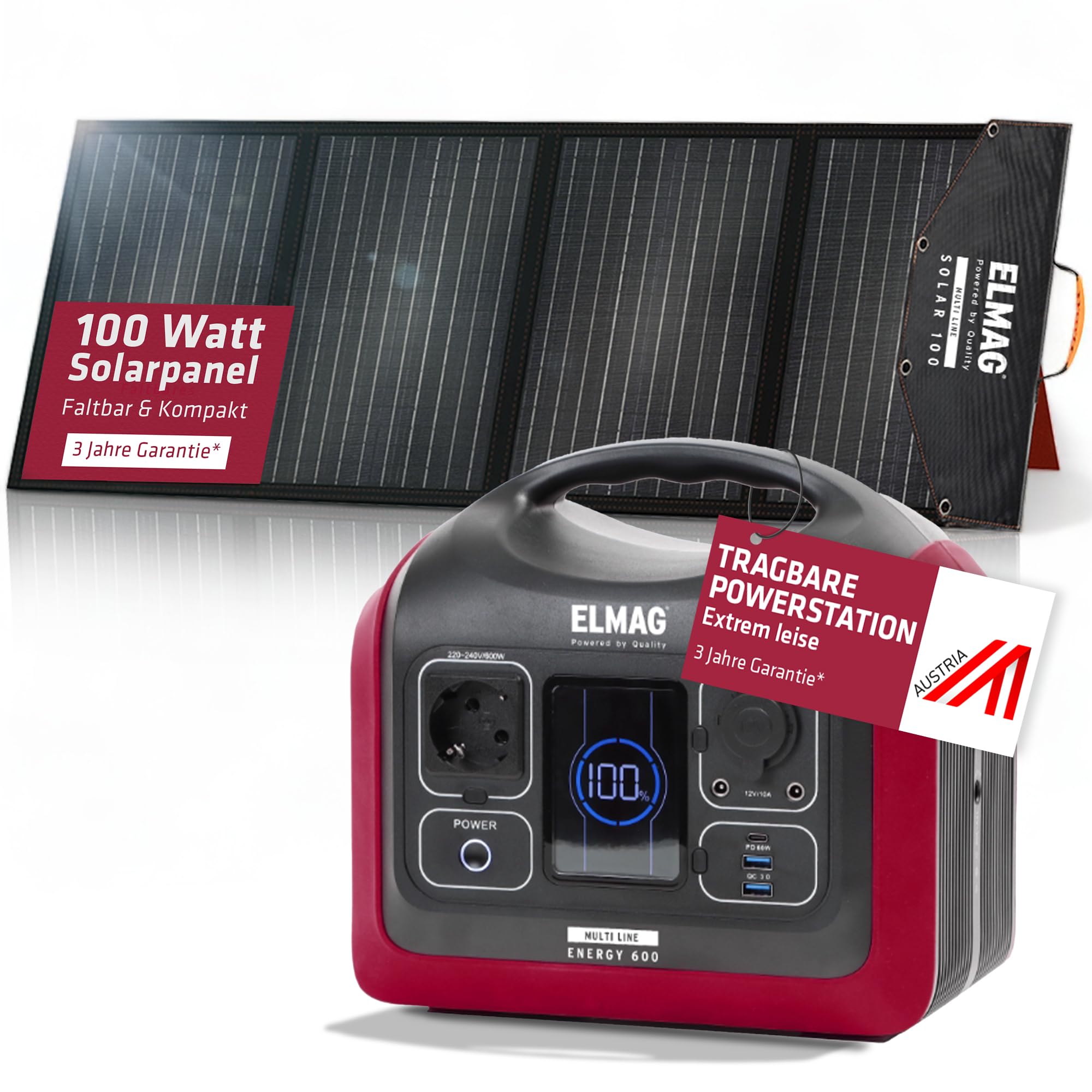 ELMAG Solargenerator-Set ENERGY 600 + SOLAR 100 – 595Wh tragbare Powerstation