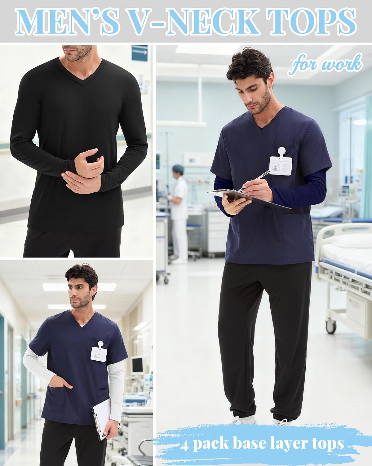 4 Pack Men's Big and Tall Underscrub Tops, Comfort Long Sleeve V Neck Fitted Layering Shirt for Medical Uniforms
