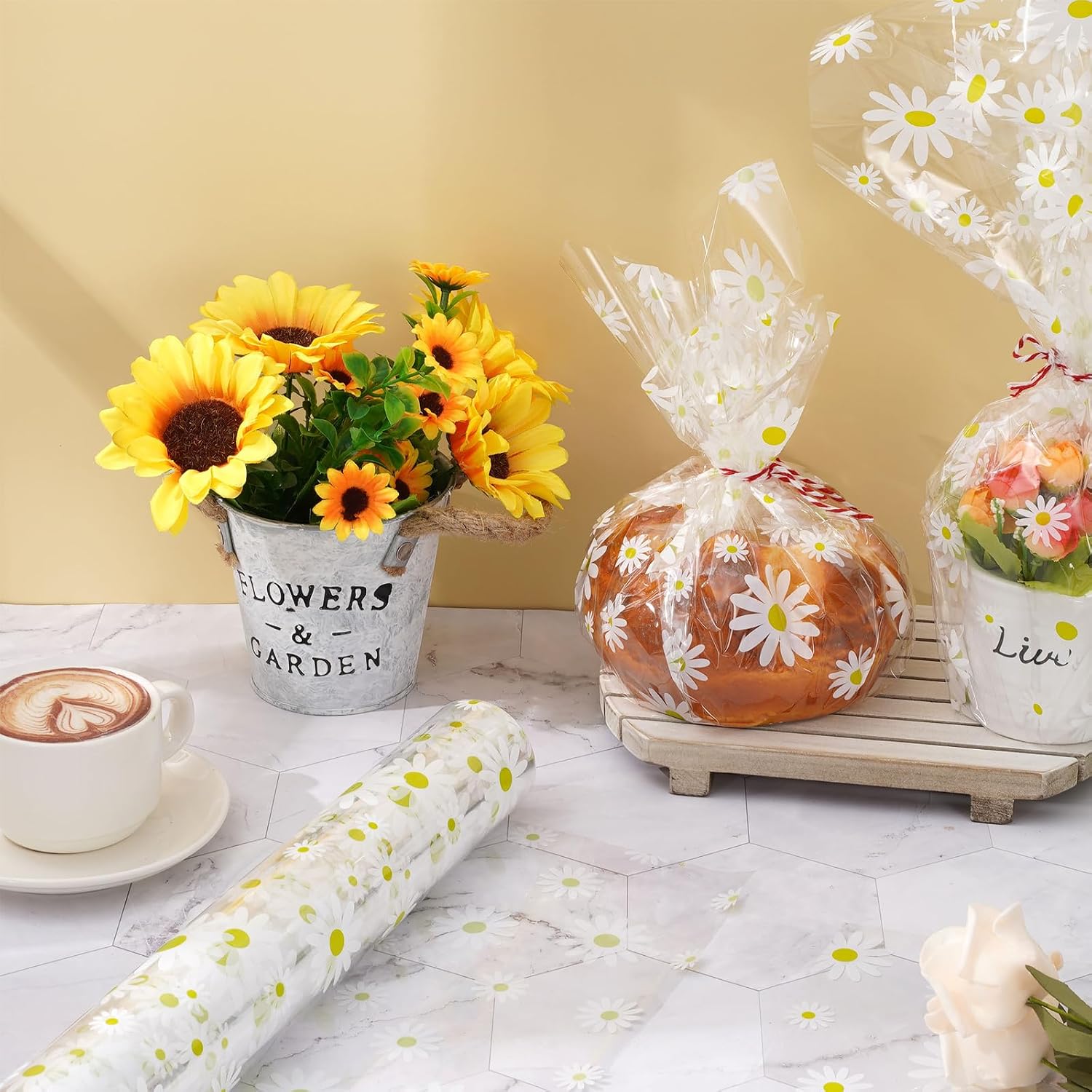 Whaline Daisy Cellophane Wrap Roll 100ft x 16 In 2.5Mil Thick Cellophane Paper Crystal Floral Clear Cello Wrapping Paper for Spring Treats Gifts Bouquet Flower Basket Party Favor