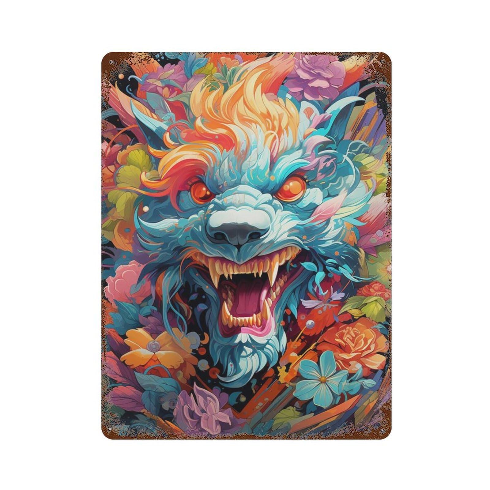 Vintage Metal Tin Sign Colorful Fantasy Creature Artwork 15.7"x11.8", Classic Wall Plaque for Farmhouse, Kitchen And Entryway Decor