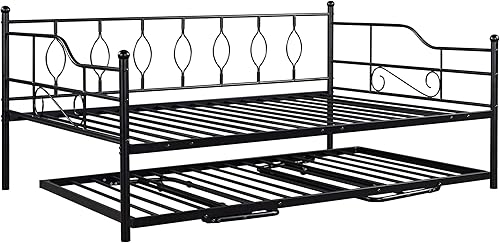 Miniatura 18 de Sofá cama de metal de tamaño matrimonial con nido ajustable de tamaño individual, nido plegable portátil, soporte de listones de metal, cama Negro