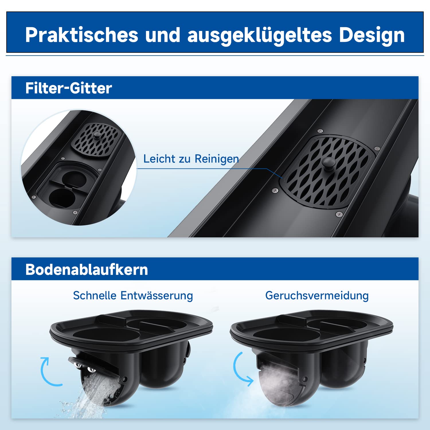 Duschrinne 80cm Edelstahl 360 verstellbar mit Siphon und Haarfilter für Badewanne, Küche und Balkon