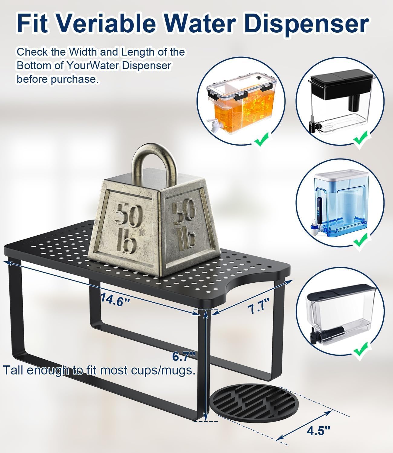 Water Filter Dispenser Stand with Drip Tray - 7.7''W x 14.6''D x 6.7''H, Metal Stand Designed for Brita Water Filter, Compatible with ZeroWater, PUR, Waterdrop etc - Image 3
