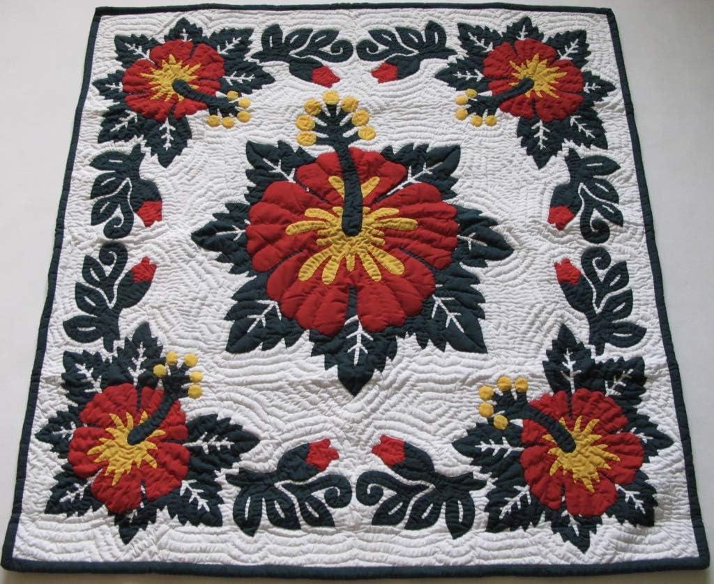 Hawaiian Quilt Wall Hanging Baby Crib Blanket 100% Hand Quilted and 100% Hand Appliquéd 42" x 42"