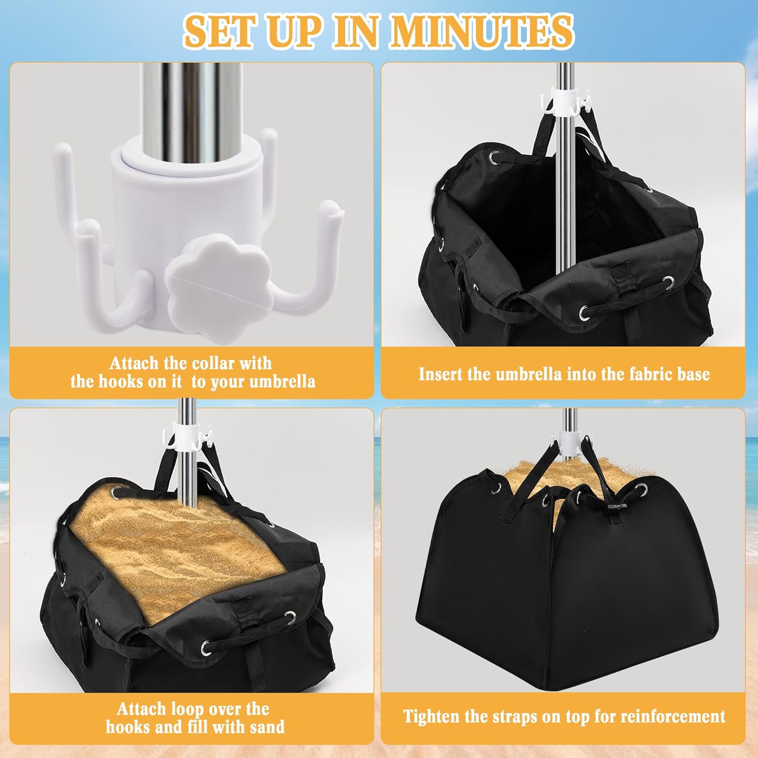 Beach Umbrella Base Weight Bag, Fillable Sand Bags for Umbrella Stability, Portable 600D Parasol Sand Storage Bag with Hanging Hook for Outdoor, Garden & Beach Use - Image 6