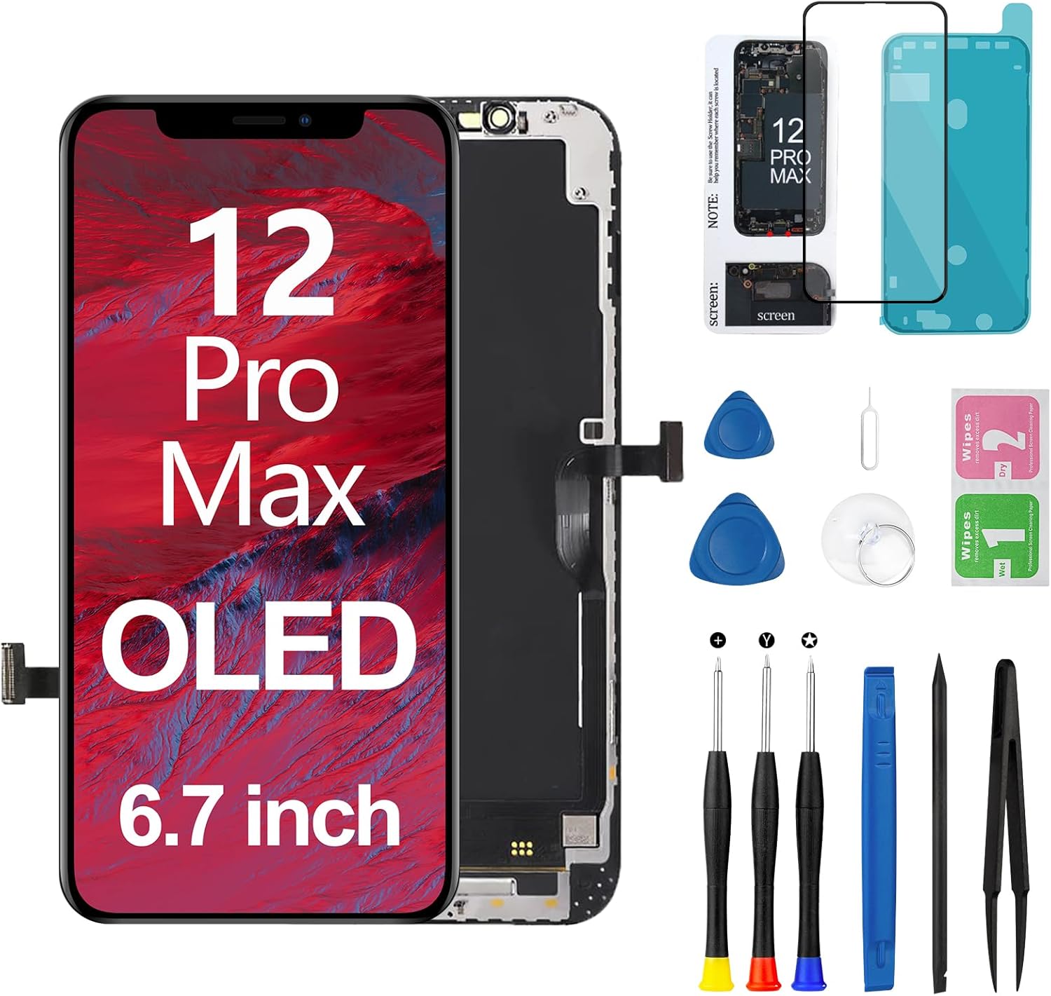 OLED Screen for iPhone 12 Pro Max Screen Replacement 6.7 inch [OLED, NOT LCD], 3D Touch Display Full HD Digitizer Frame Retain Face ID Full Assembly A2411 A2342 A2410 A2412 with Repair Tools Kit