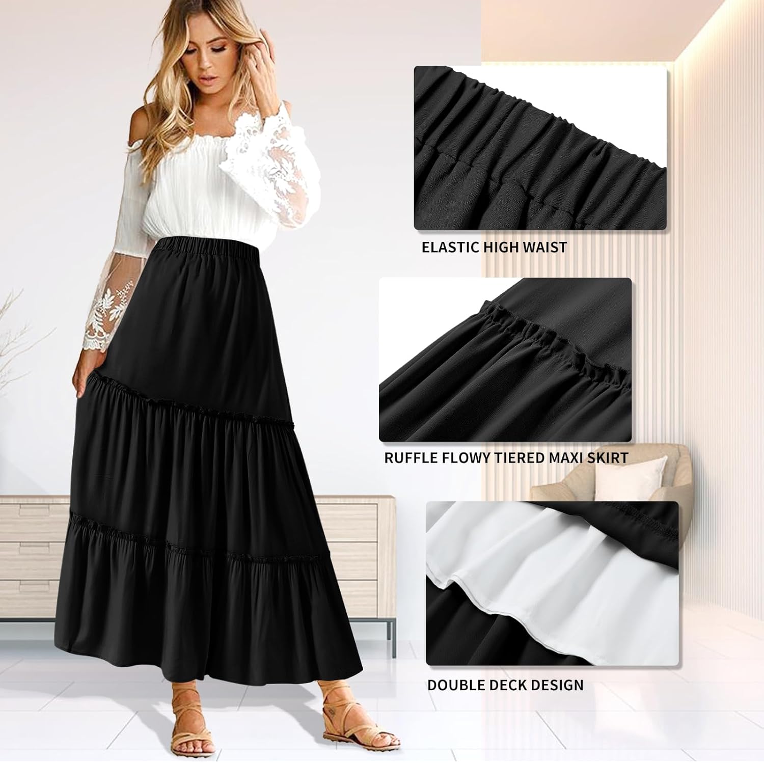 BOMAROLAN Women's Maxi Skirts Summer Elastic High Waist Boho Flowy Skirt A Line Long Skirts Ruffle Swing Beach Skirts - Image 5