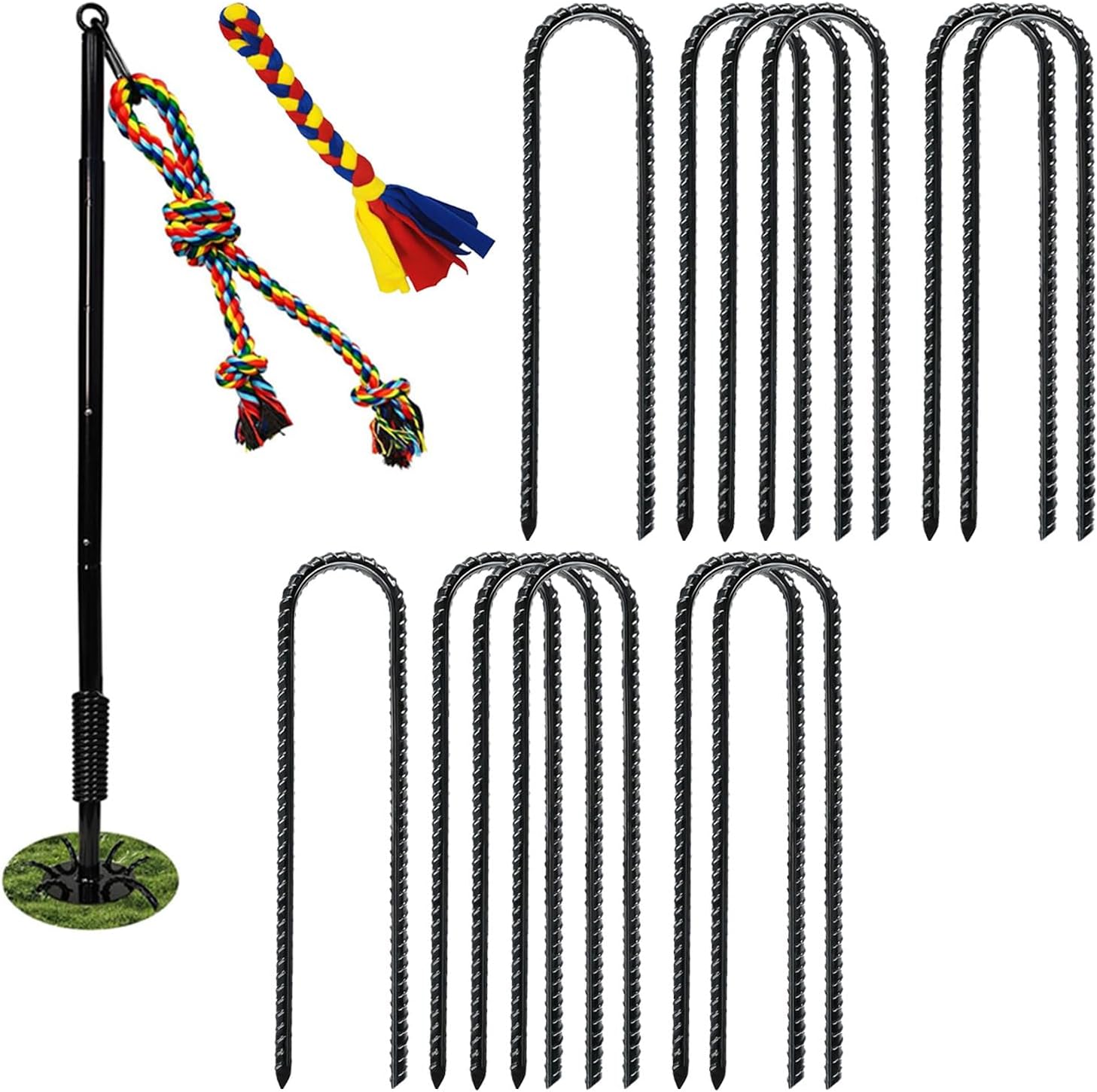 Outdoor Interactive Dog Toys,Tether Tug Outdoor Dog Tug of War with 12 Pack Rebar Stakes for Large Medium Small Dogs